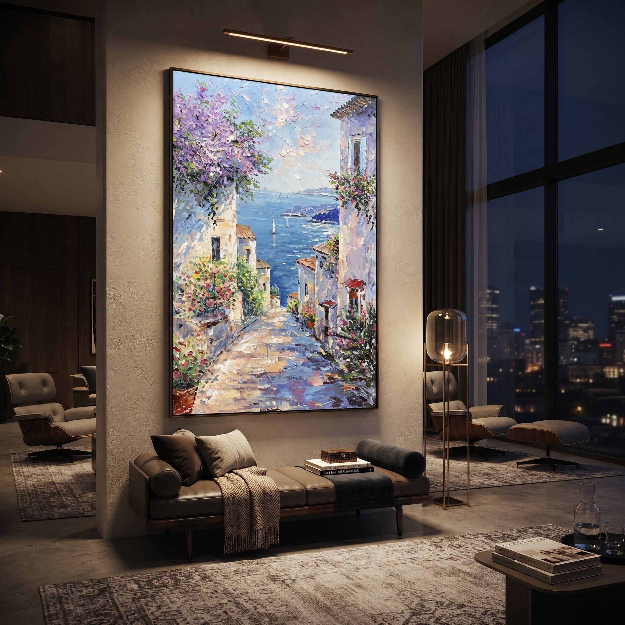 "Cliffside Coastal Vista PT 1567" focuses on atmosphere, surface movement, and sculptural heavy impasto craftsmanship rather than a fixed literal storyline. The composition uses this hand-painted Mediterranean canvas features steep coastal cliffs, hillside village, deep blue water, floral foreground, textured sky, built with raised palette-knife texture, layered brushwork, and luminous coastal color as the visual anchor, while layered palette-knife paint, raised plaster-like texture, and