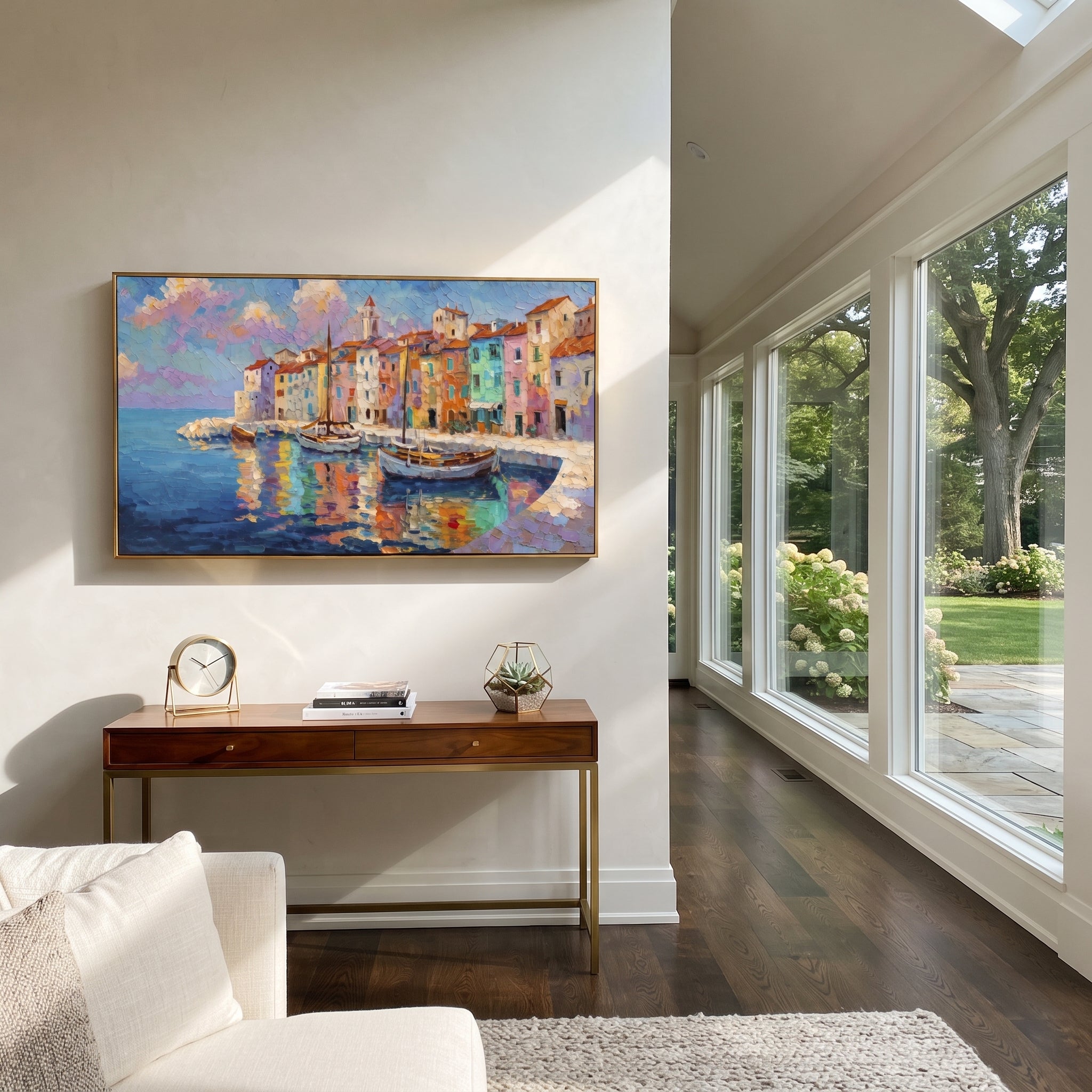 "Harbor Village Reflections PT 1568" focuses on atmosphere, surface movement, and sculptural heavy impasto craftsmanship rather than a fixed literal storyline. The composition uses this hand-painted Mediterranean canvas features colorful waterfront houses, moored boats, shimmering blue harbor reflections, pastel sky, built with raised palette-knife texture, layered brushwork, and luminous coastal color as the visual anchor, while layered palette-knife paint, raised plaster-like texture, and