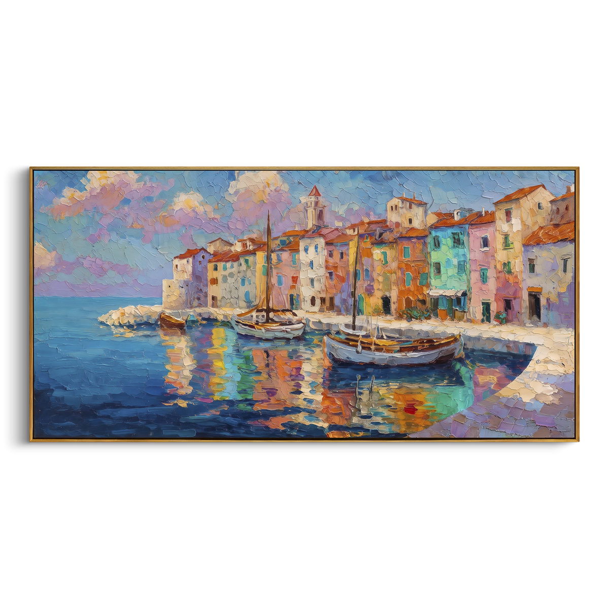 "Colorful Harbor Village Painting" - Modern Heavy Impasto Coastal Landscape | Blue & Orange Palette Knife Painting | Luxury Horizontal Wall Art #PT 1568