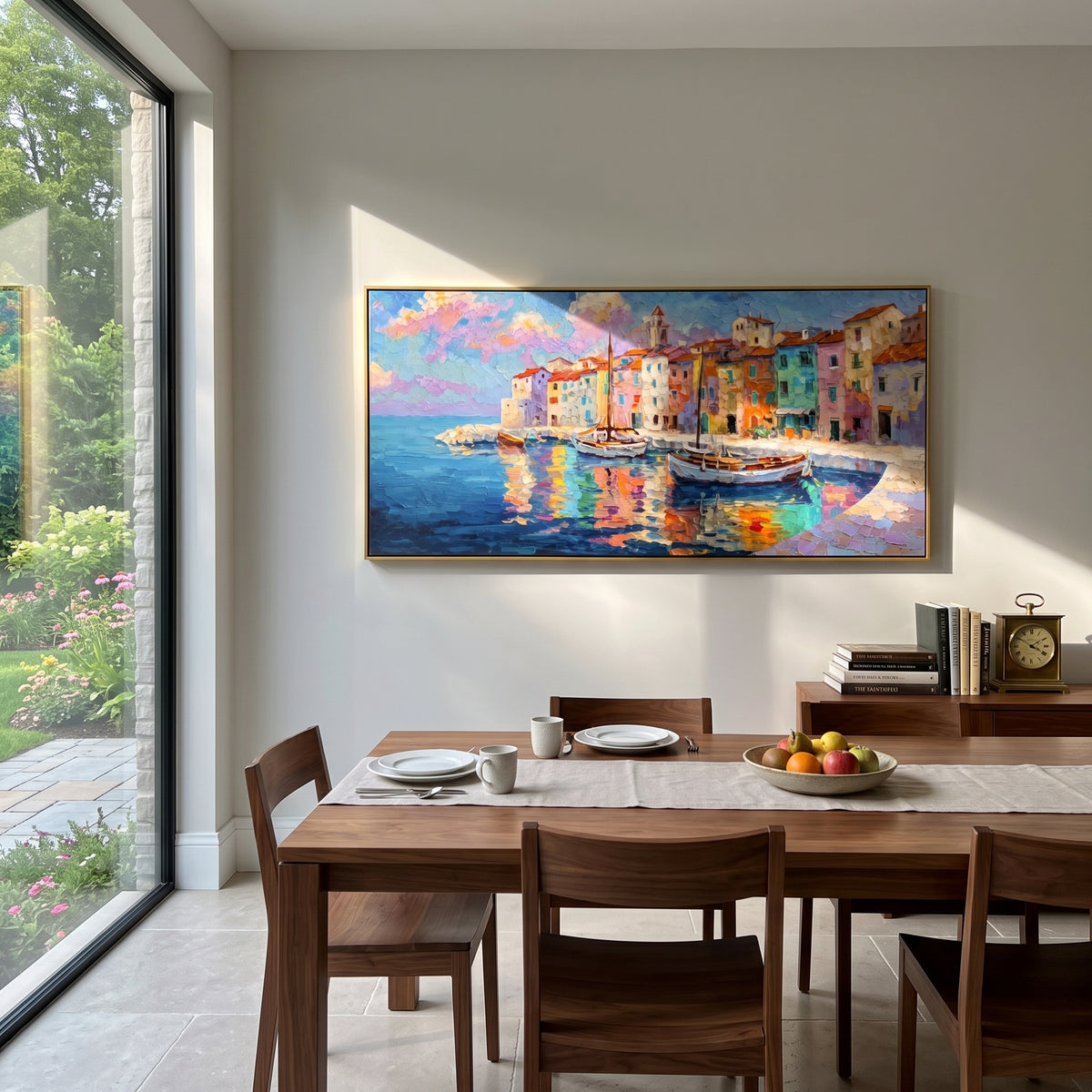 "Harbor Village Reflections PT 1568" focuses on atmosphere, surface movement, and sculptural heavy impasto craftsmanship rather than a fixed literal storyline. The composition uses this hand-painted Mediterranean canvas features colorful waterfront houses, moored boats, shimmering blue harbor reflections, pastel sky, built with raised palette-knife texture, layered brushwork, and luminous coastal color as the visual anchor, while layered palette-knife paint, raised plaster-like texture, and