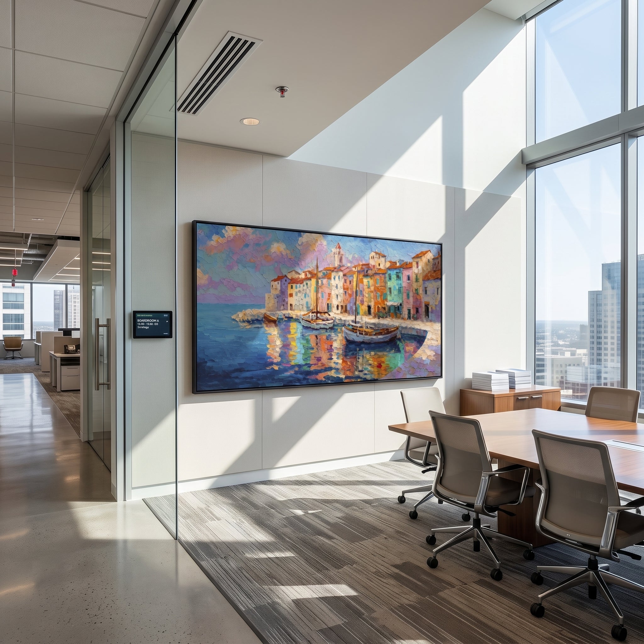 "Harbor Village Reflections PT 1568" focuses on atmosphere, surface movement, and sculptural heavy impasto craftsmanship rather than a fixed literal storyline. The composition uses this hand-painted Mediterranean canvas features colorful waterfront houses, moored boats, shimmering blue harbor reflections, pastel sky, built with raised palette-knife texture, layered brushwork, and luminous coastal color as the visual anchor, while layered palette-knife paint, raised plaster-like texture, and