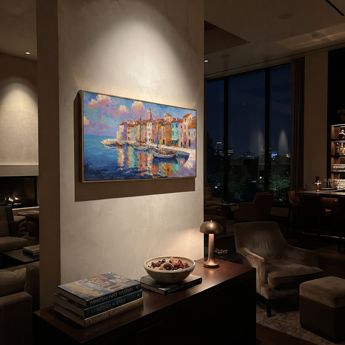 "Harbor Village Reflections PT 1568" focuses on atmosphere, surface movement, and sculptural heavy impasto craftsmanship rather than a fixed literal storyline. The composition uses this hand-painted Mediterranean canvas features colorful waterfront houses, moored boats, shimmering blue harbor reflections, pastel sky, built with raised palette-knife texture, layered brushwork, and luminous coastal color as the visual anchor, while layered palette-knife paint, raised plaster-like texture, and