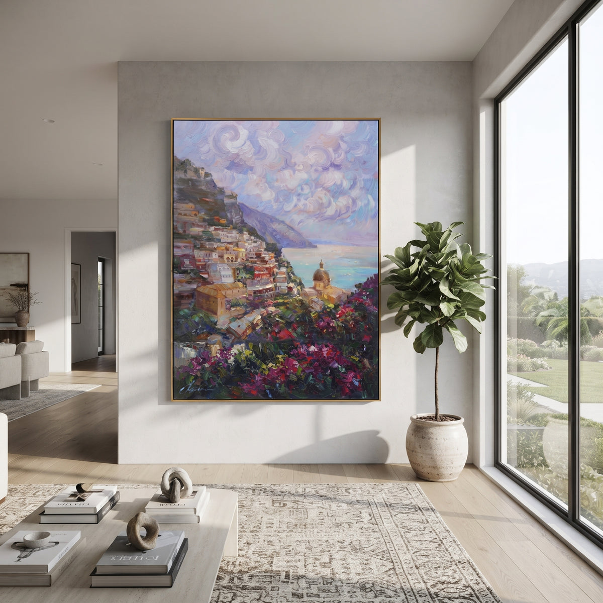 "Sailing Coast Garden PT 1569" focuses on atmosphere, surface movement, and sculptural heavy impasto craftsmanship rather than a fixed literal storyline. The composition uses this hand-painted Mediterranean canvas features sailboats on a blue bay, flowering terrace, coastal town and luminous summer sky, built with raised palette-knife texture, layered brushwork, and luminous coastal color as the visual anchor, while layered palette-knife paint, raised plaster-like texture, and softened brush