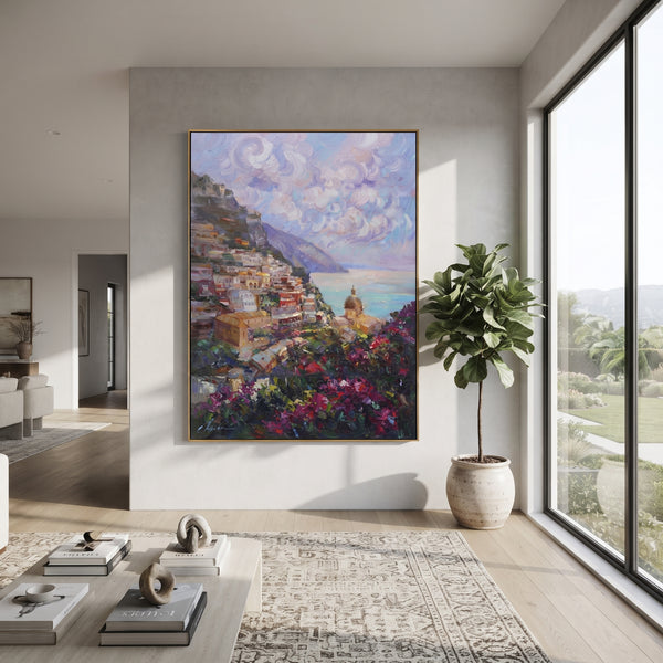 "Sailing Bay Garden Painting" - Modern Heavy Impasto Coastal Landscape | Blue & Pink Palette Knife Painting | Luxury Vertical Wall Art #PT 1569