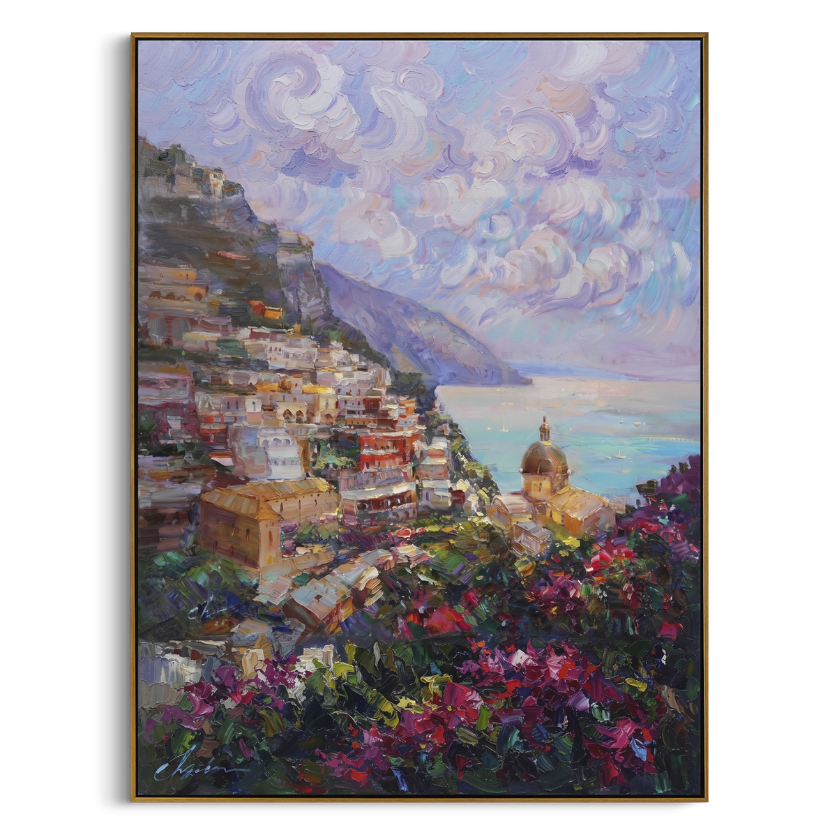 "Sailing Bay Garden Painting" - Modern Heavy Impasto Coastal Landscape | Blue & Pink Palette Knife Painting | Luxury Vertical Wall Art #PT 1569