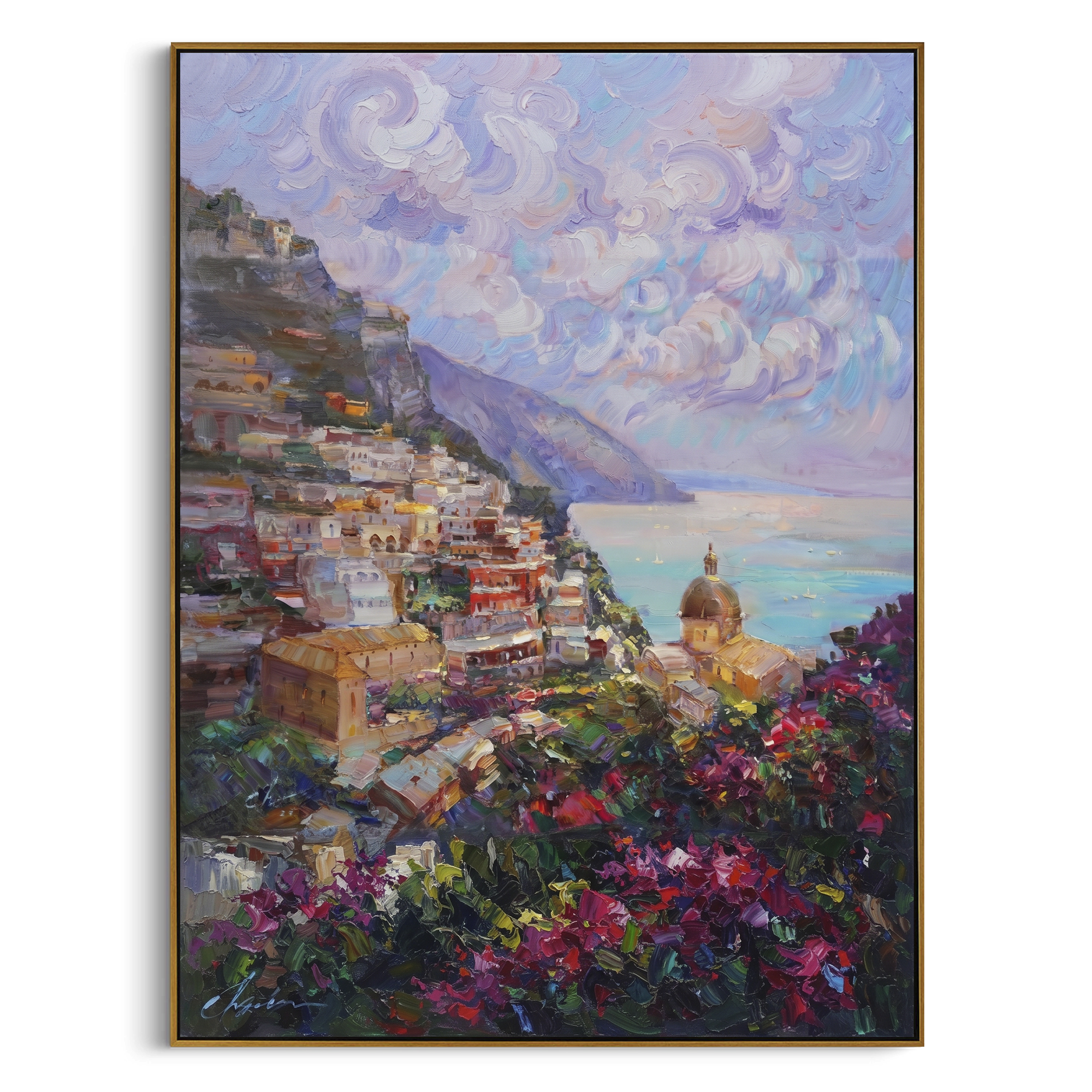 "Sailing Coast Garden PT 1569" focuses on atmosphere, surface movement, and sculptural heavy impasto craftsmanship rather than a fixed literal storyline. The composition uses this hand-painted Mediterranean canvas features sailboats on a blue bay, flowering terrace, coastal town and luminous summer sky, built with raised palette-knife texture, layered brushwork, and luminous coastal color as the visual anchor, while layered palette-knife paint, raised plaster-like texture, and softened brush