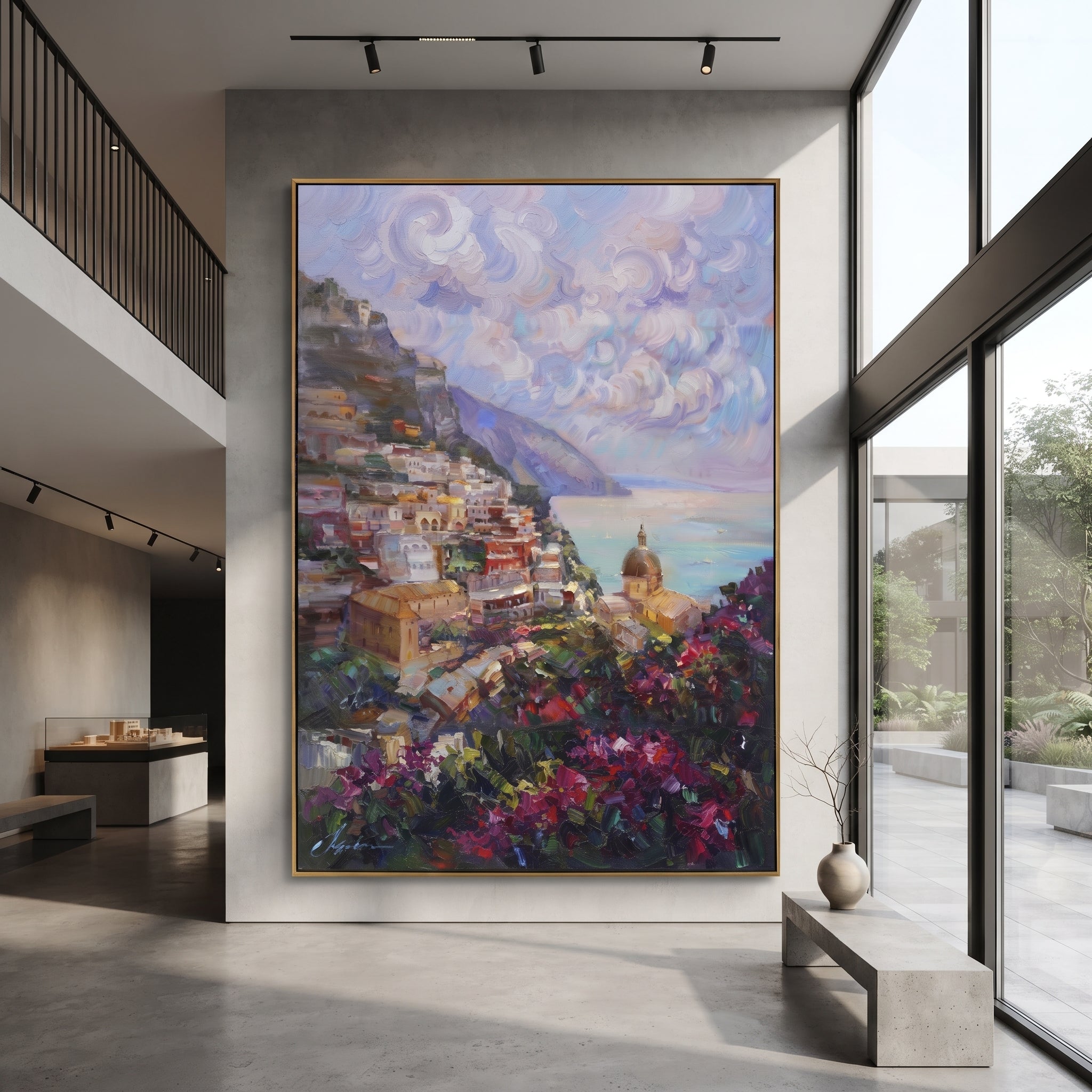 "Sailing Coast Garden PT 1569" focuses on atmosphere, surface movement, and sculptural heavy impasto craftsmanship rather than a fixed literal storyline. The composition uses this hand-painted Mediterranean canvas features sailboats on a blue bay, flowering terrace, coastal town and luminous summer sky, built with raised palette-knife texture, layered brushwork, and luminous coastal color as the visual anchor, while layered palette-knife paint, raised plaster-like texture, and softened brush