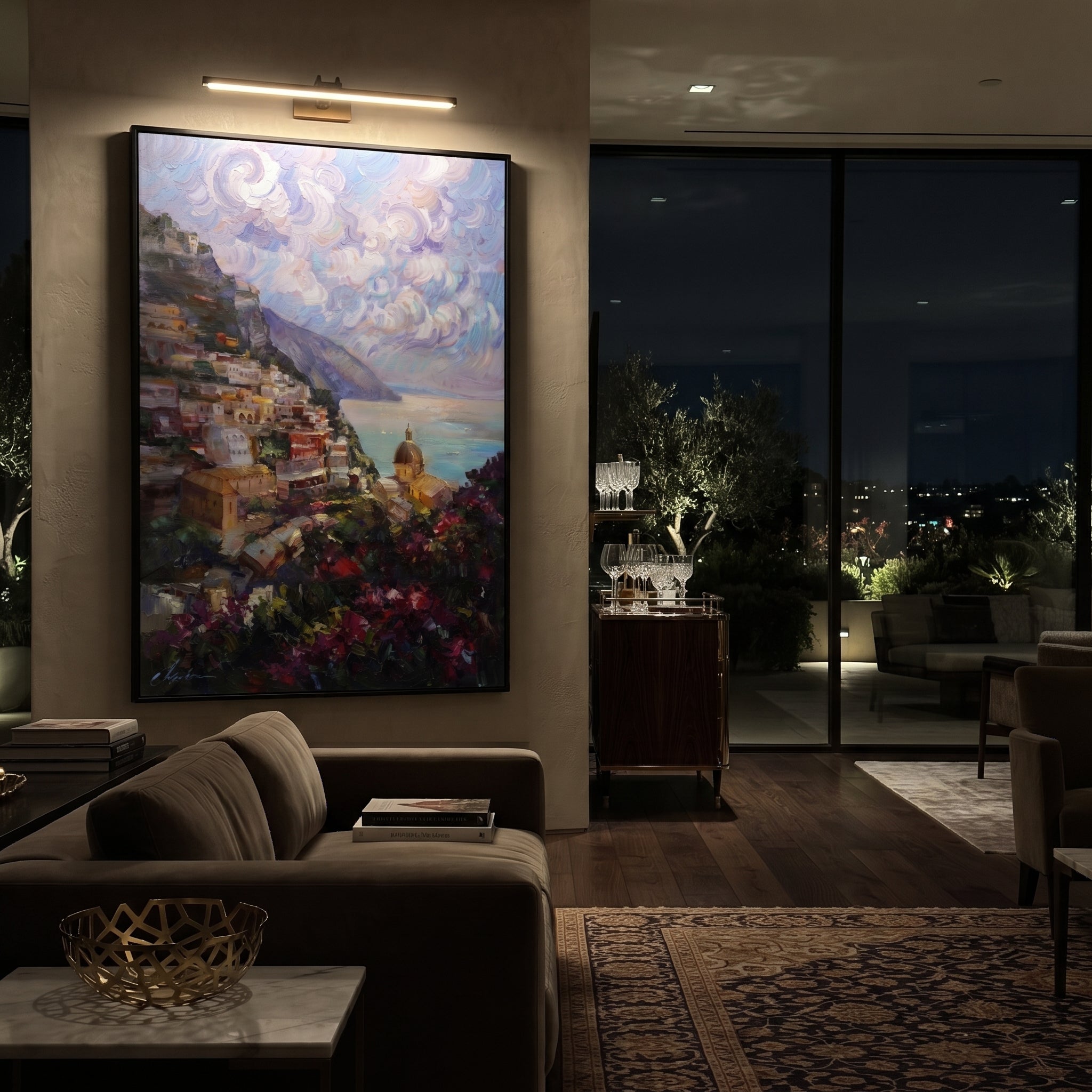 "Sailing Coast Garden PT 1569" focuses on atmosphere, surface movement, and sculptural heavy impasto craftsmanship rather than a fixed literal storyline. The composition uses this hand-painted Mediterranean canvas features sailboats on a blue bay, flowering terrace, coastal town and luminous summer sky, built with raised palette-knife texture, layered brushwork, and luminous coastal color as the visual anchor, while layered palette-knife paint, raised plaster-like texture, and softened brush