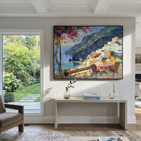 "Sailing Coast Garden PT 1570" focuses on atmosphere, surface movement, and sculptural heavy impasto craftsmanship rather than a fixed literal storyline. The composition uses this hand-painted Mediterranean canvas features sailboats on a blue bay, flowering terrace, coastal town and luminous summer sky, built with raised palette-knife texture, layered brushwork, and luminous coastal color as the visual anchor, while layered palette-knife paint, raised plaster-like texture, and softened brush