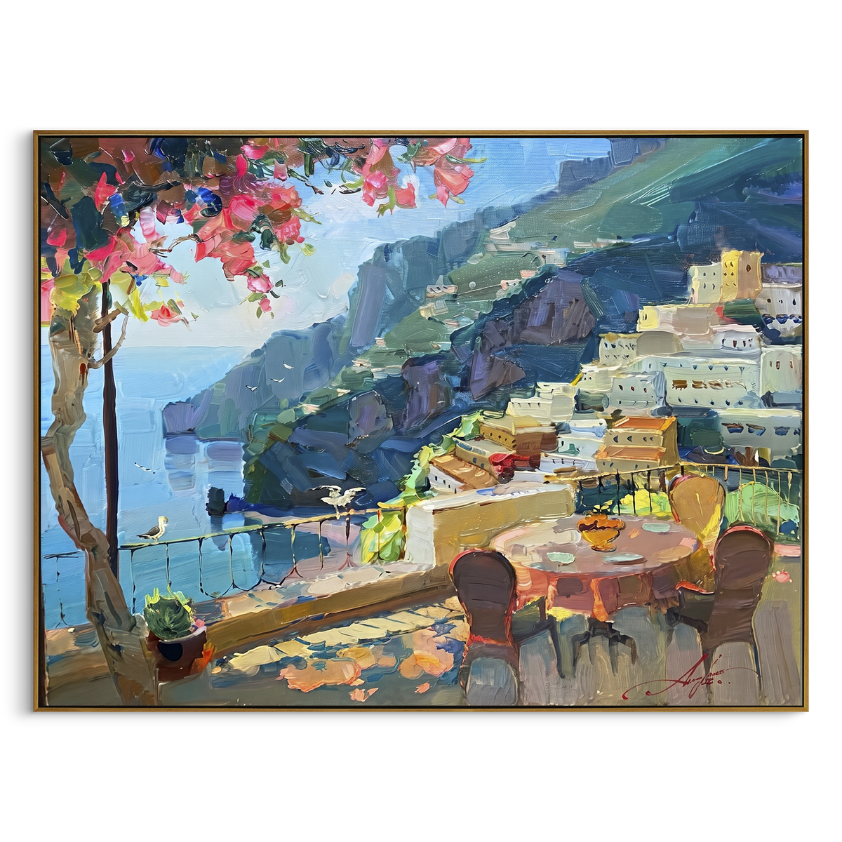 "Sailing Coast Garden PT 1570" focuses on atmosphere, surface movement, and sculptural heavy impasto craftsmanship rather than a fixed literal storyline. The composition uses this hand-painted Mediterranean canvas features sailboats on a blue bay, flowering terrace, coastal town and luminous summer sky, built with raised palette-knife texture, layered brushwork, and luminous coastal color as the visual anchor, while layered palette-knife paint, raised plaster-like texture, and softened brush