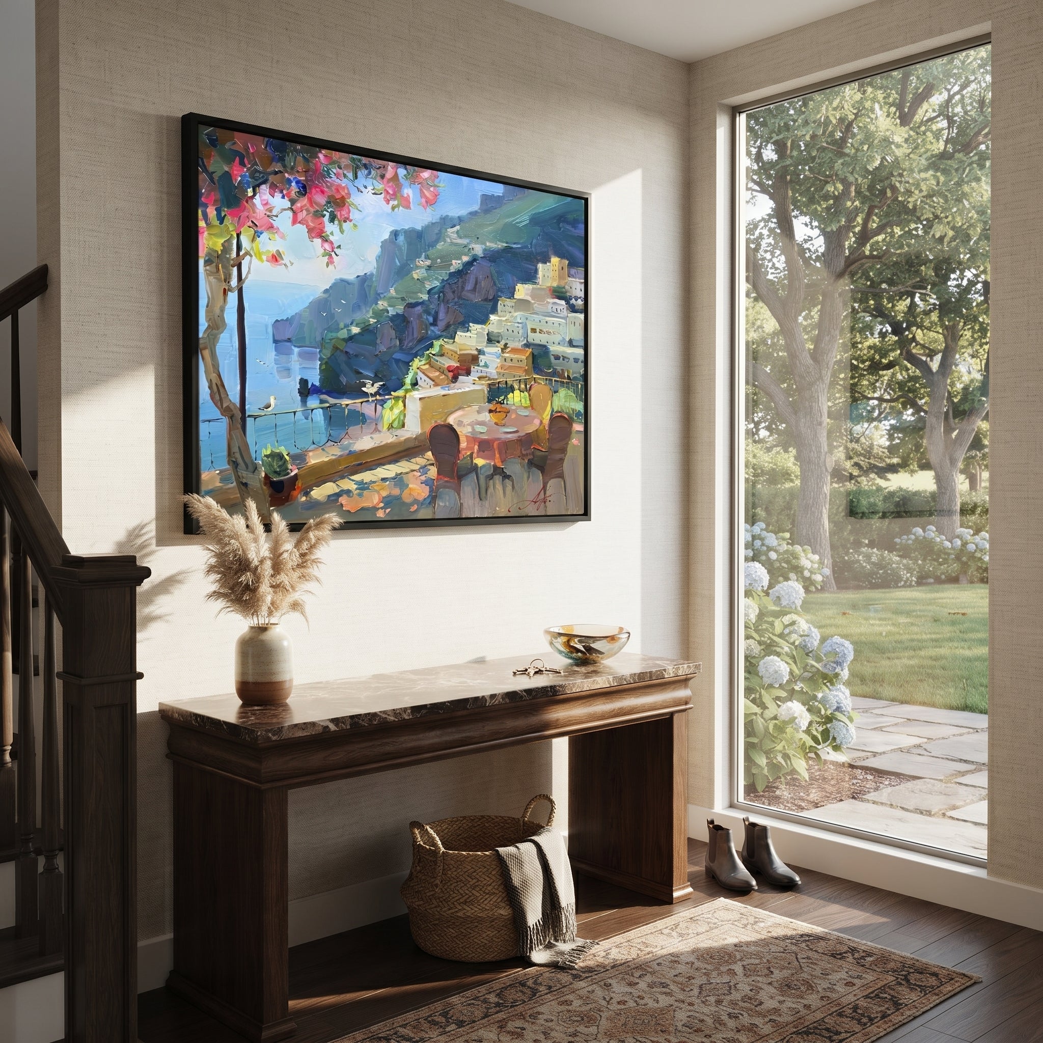 "Sailing Coast Garden PT 1570" focuses on atmosphere, surface movement, and sculptural heavy impasto craftsmanship rather than a fixed literal storyline. The composition uses this hand-painted Mediterranean canvas features sailboats on a blue bay, flowering terrace, coastal town and luminous summer sky, built with raised palette-knife texture, layered brushwork, and luminous coastal color as the visual anchor, while layered palette-knife paint, raised plaster-like texture, and softened brush