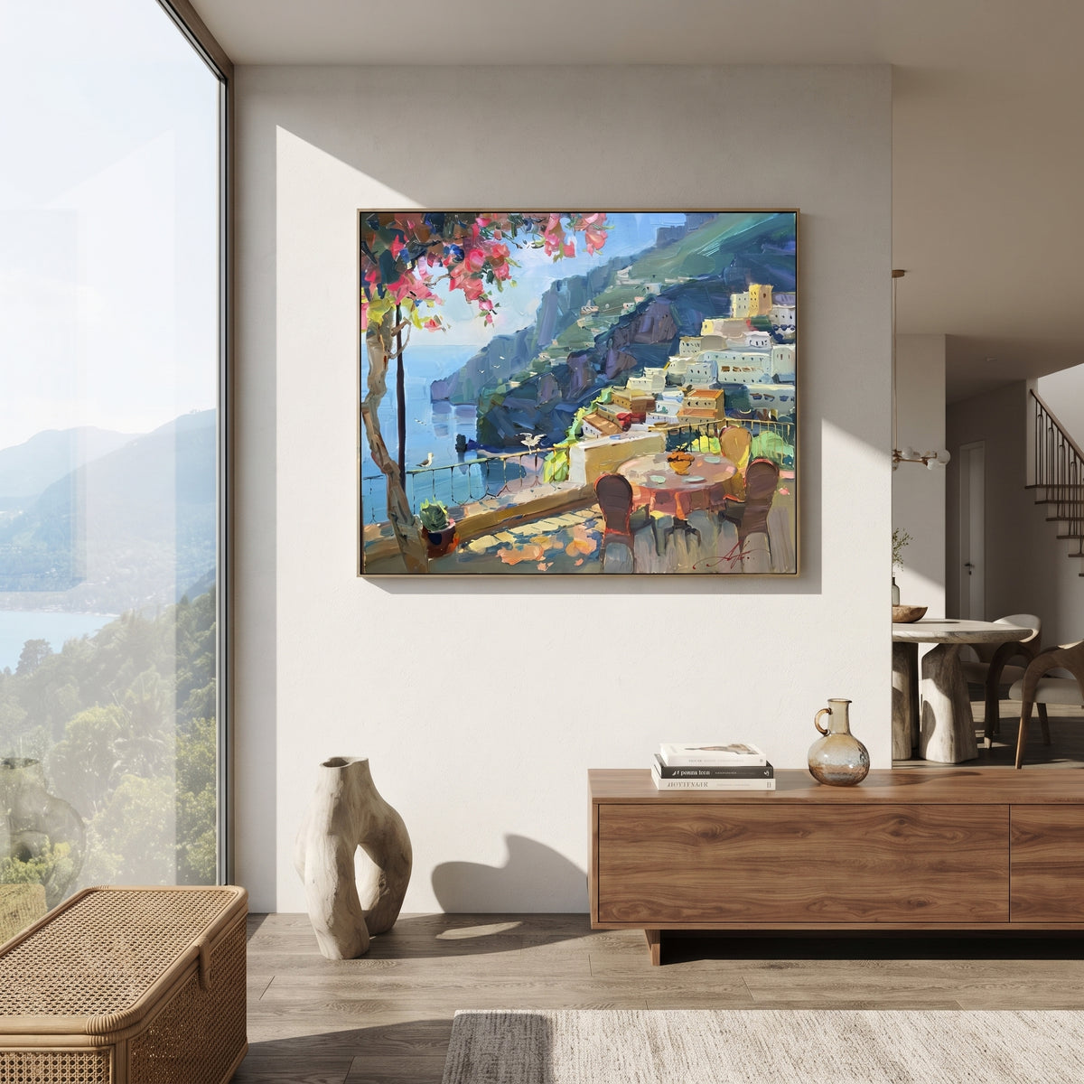 "Sailing Coast Garden PT 1570" focuses on atmosphere, surface movement, and sculptural heavy impasto craftsmanship rather than a fixed literal storyline. The composition uses this hand-painted Mediterranean canvas features sailboats on a blue bay, flowering terrace, coastal town and luminous summer sky, built with raised palette-knife texture, layered brushwork, and luminous coastal color as the visual anchor, while layered palette-knife paint, raised plaster-like texture, and softened brush