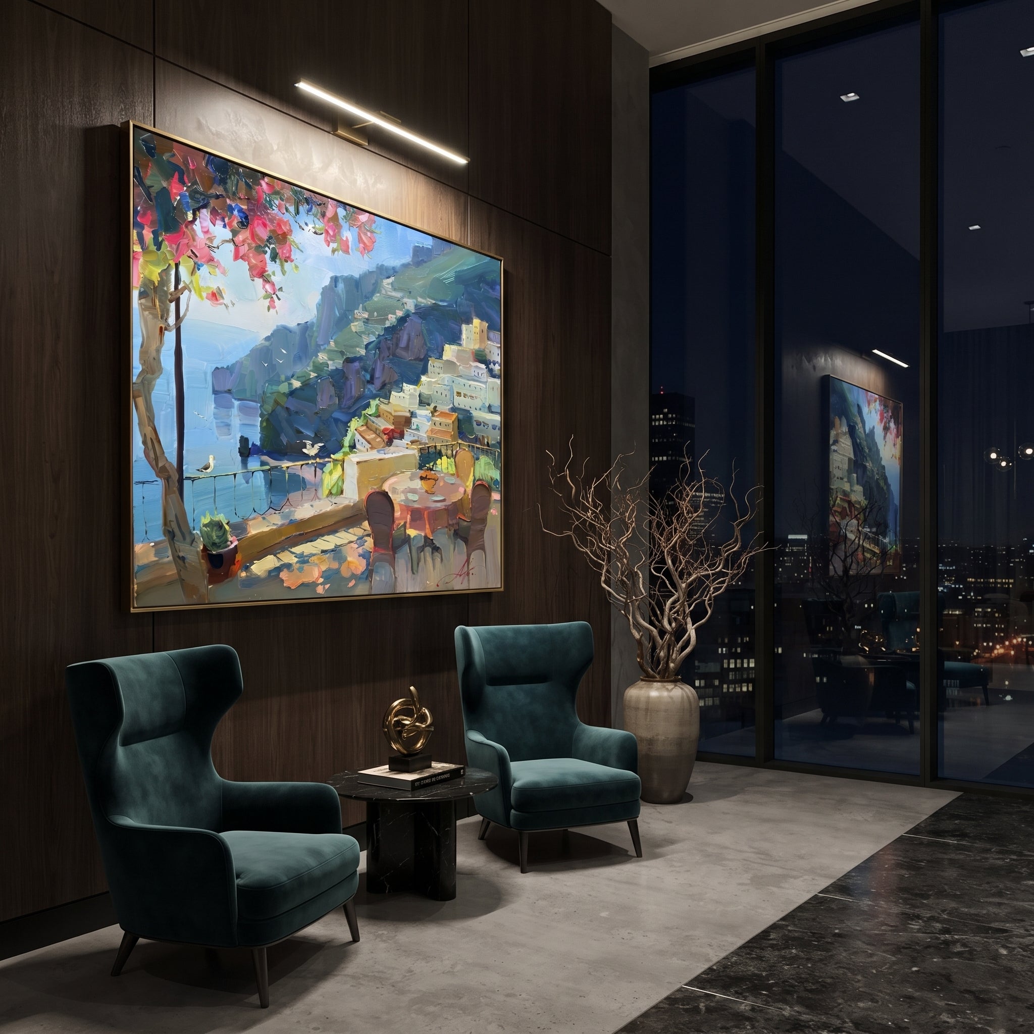 "Sailing Coast Garden PT 1570" focuses on atmosphere, surface movement, and sculptural heavy impasto craftsmanship rather than a fixed literal storyline. The composition uses this hand-painted Mediterranean canvas features sailboats on a blue bay, flowering terrace, coastal town and luminous summer sky, built with raised palette-knife texture, layered brushwork, and luminous coastal color as the visual anchor, while layered palette-knife paint, raised plaster-like texture, and softened brush