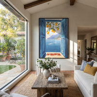 "Lemon Window Seascape PT 1571" focuses on atmosphere, surface movement, and sculptural heavy impasto craftsmanship rather than a fixed literal storyline. The composition uses this hand-painted Mediterranean canvas features open blue shutters, lemon branches, calm sea view, bright white wall and terrace light, built with raised palette-knife texture, layered brushwork, and luminous coastal color as the visual anchor, while layered palette-knife paint, raised plaster-like texture, and softened