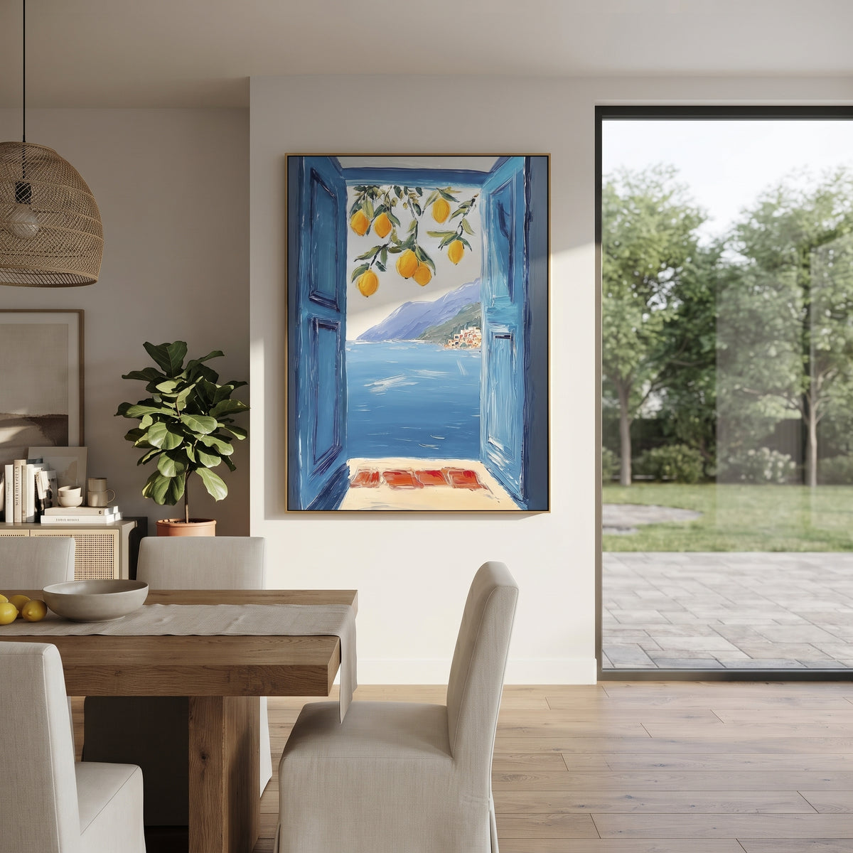 "Lemon Window Seascape PT 1571" focuses on atmosphere, surface movement, and sculptural heavy impasto craftsmanship rather than a fixed literal storyline. The composition uses this hand-painted Mediterranean canvas features open blue shutters, lemon branches, calm sea view, bright white wall and terrace light, built with raised palette-knife texture, layered brushwork, and luminous coastal color as the visual anchor, while layered palette-knife paint, raised plaster-like texture, and softened