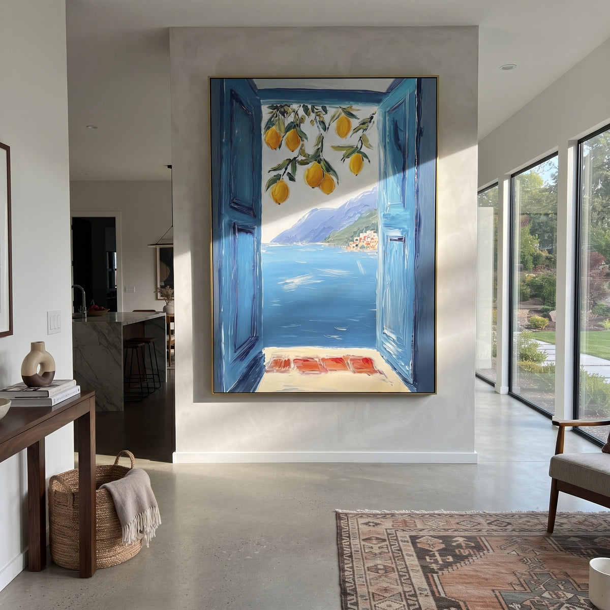 "Lemon Window Seascape PT 1571" focuses on atmosphere, surface movement, and sculptural heavy impasto craftsmanship rather than a fixed literal storyline. The composition uses this hand-painted Mediterranean canvas features open blue shutters, lemon branches, calm sea view, bright white wall and terrace light, built with raised palette-knife texture, layered brushwork, and luminous coastal color as the visual anchor, while layered palette-knife paint, raised plaster-like texture, and softened