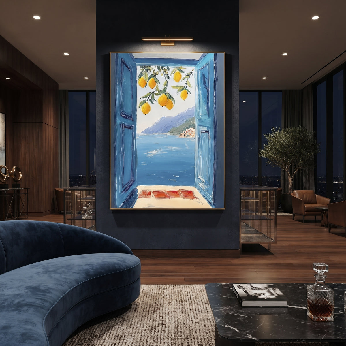 "Lemon Window Seascape PT 1571" focuses on atmosphere, surface movement, and sculptural heavy impasto craftsmanship rather than a fixed literal storyline. The composition uses this hand-painted Mediterranean canvas features open blue shutters, lemon branches, calm sea view, bright white wall and terrace light, built with raised palette-knife texture, layered brushwork, and luminous coastal color as the visual anchor, while layered palette-knife paint, raised plaster-like texture, and softened
