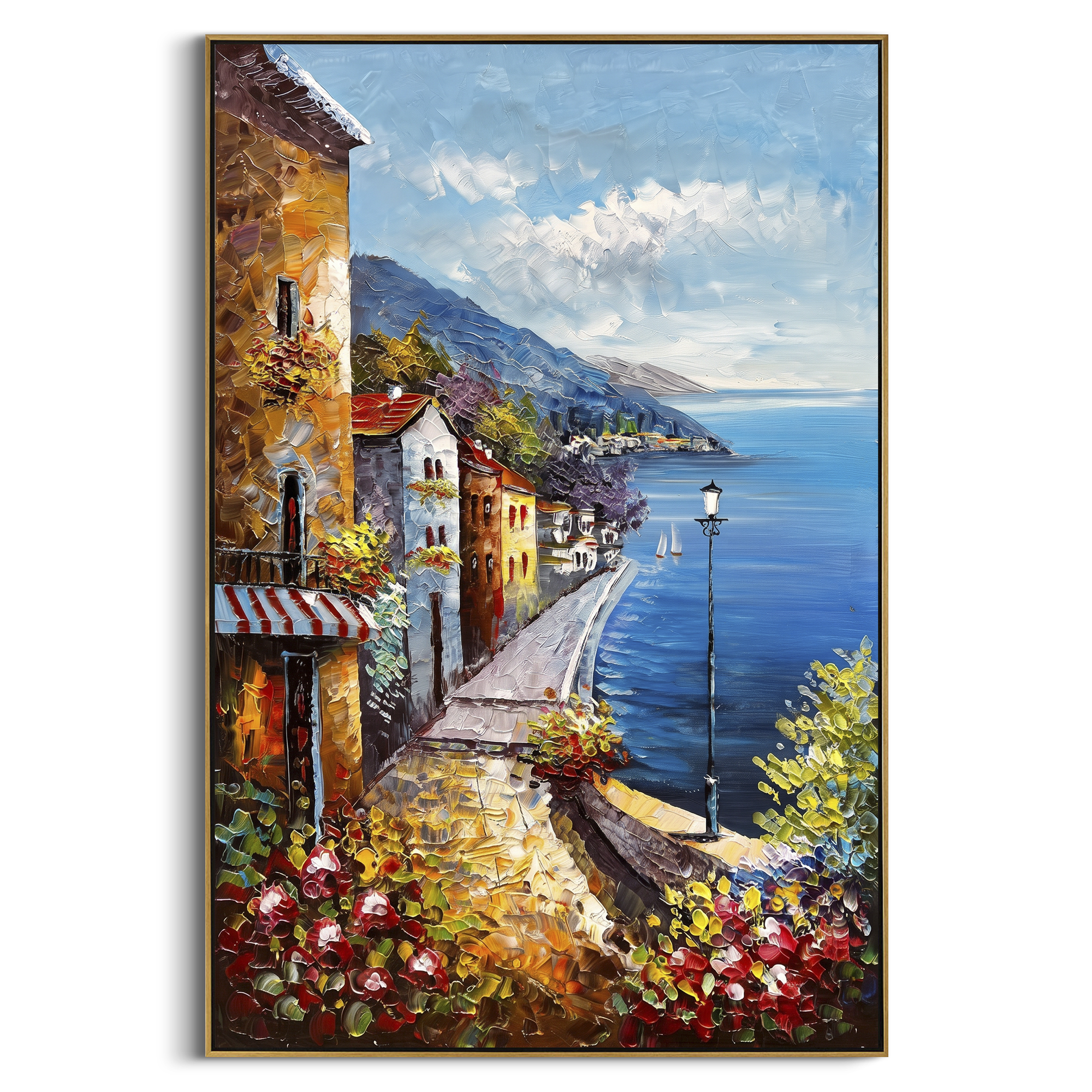 "Cliffside Coastal Vista PT 1572" focuses on atmosphere, surface movement, and sculptural heavy impasto craftsmanship rather than a fixed literal storyline. The composition uses this hand-painted Mediterranean canvas features steep coastal cliffs, hillside village, deep blue water, floral foreground, textured sky, built with raised palette-knife texture, layered brushwork, and luminous coastal color as the visual anchor, while layered palette-knife paint, raised plaster-like texture, and