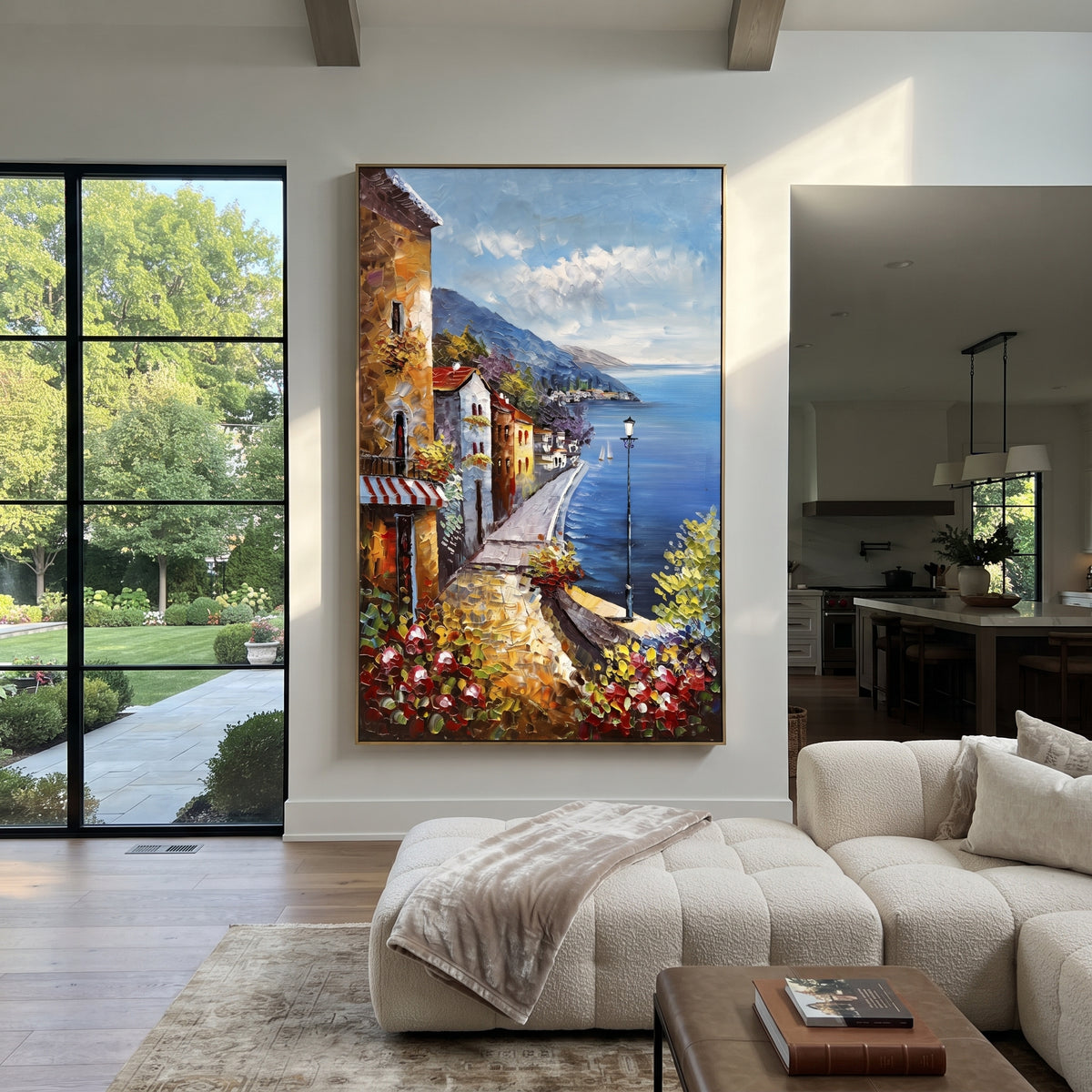 "Cliffside Coastal Vista PT 1572" focuses on atmosphere, surface movement, and sculptural heavy impasto craftsmanship rather than a fixed literal storyline. The composition uses this hand-painted Mediterranean canvas features steep coastal cliffs, hillside village, deep blue water, floral foreground, textured sky, built with raised palette-knife texture, layered brushwork, and luminous coastal color as the visual anchor, while layered palette-knife paint, raised plaster-like texture, and
