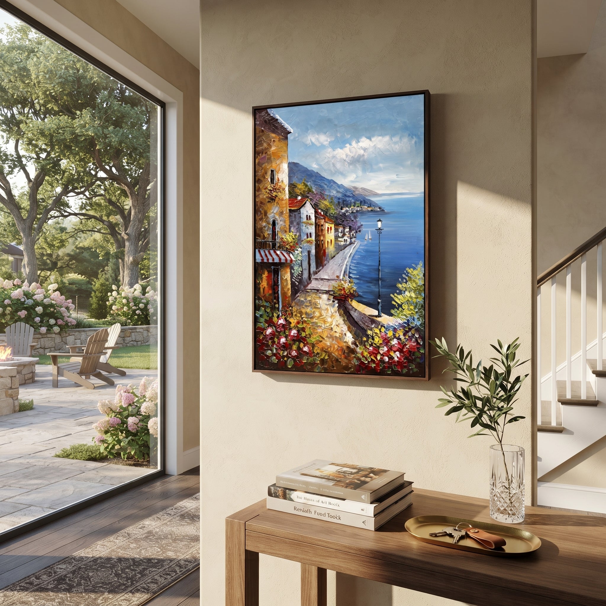 "Cliffside Coastal Vista PT 1572" focuses on atmosphere, surface movement, and sculptural heavy impasto craftsmanship rather than a fixed literal storyline. The composition uses this hand-painted Mediterranean canvas features steep coastal cliffs, hillside village, deep blue water, floral foreground, textured sky, built with raised palette-knife texture, layered brushwork, and luminous coastal color as the visual anchor, while layered palette-knife paint, raised plaster-like texture, and
