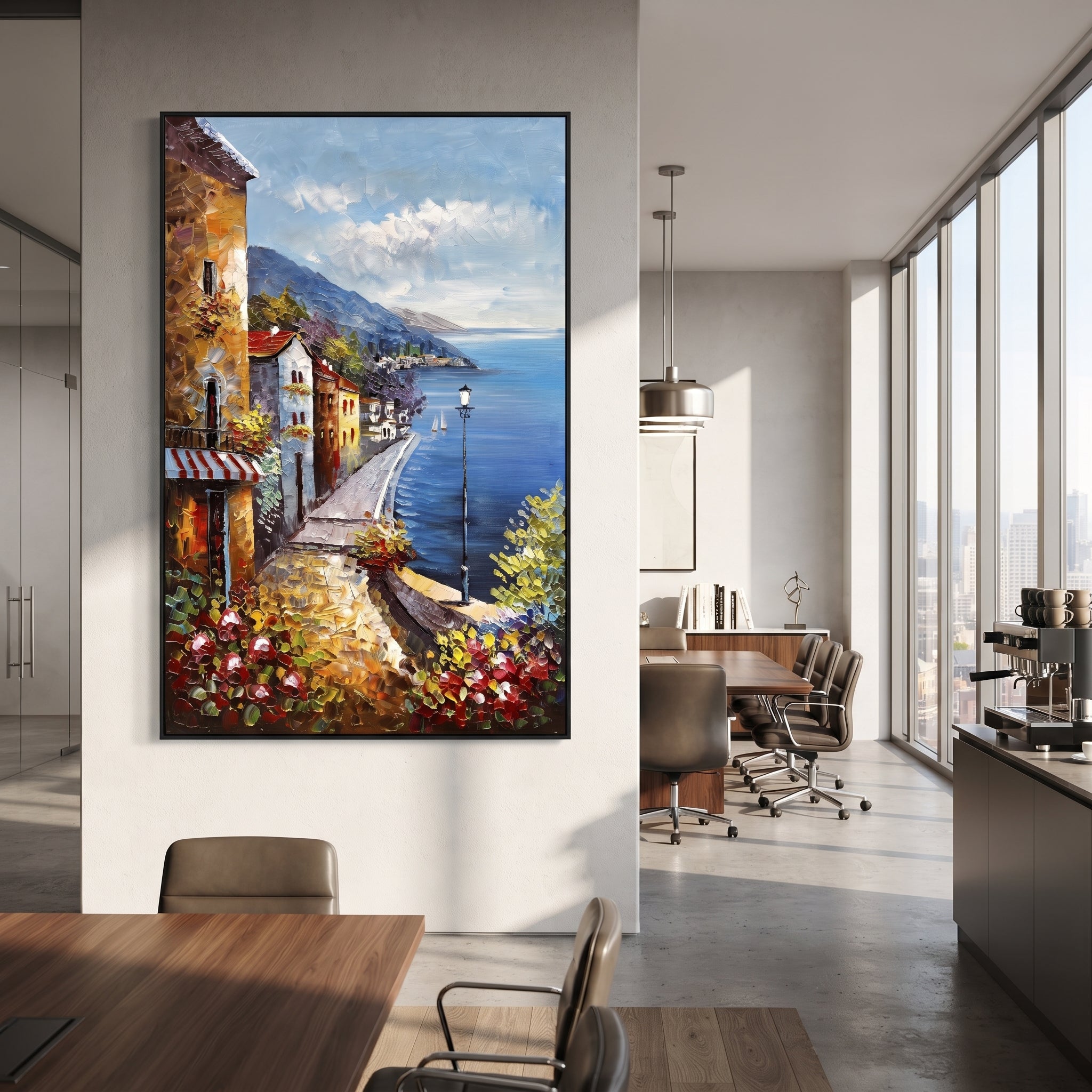 "Cliffside Coastal Vista PT 1572" focuses on atmosphere, surface movement, and sculptural heavy impasto craftsmanship rather than a fixed literal storyline. The composition uses this hand-painted Mediterranean canvas features steep coastal cliffs, hillside village, deep blue water, floral foreground, textured sky, built with raised palette-knife texture, layered brushwork, and luminous coastal color as the visual anchor, while layered palette-knife paint, raised plaster-like texture, and