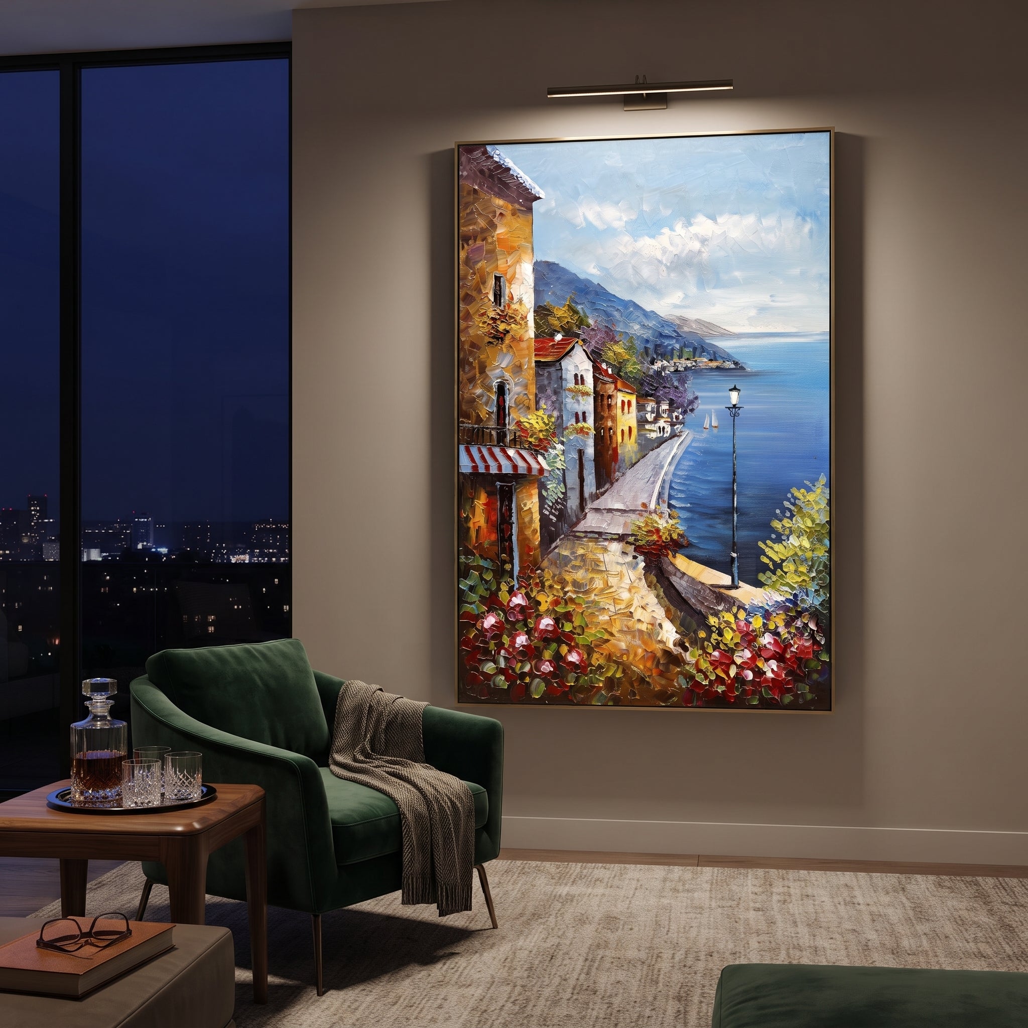 "Cliffside Coastal Vista PT 1572" focuses on atmosphere, surface movement, and sculptural heavy impasto craftsmanship rather than a fixed literal storyline. The composition uses this hand-painted Mediterranean canvas features steep coastal cliffs, hillside village, deep blue water, floral foreground, textured sky, built with raised palette-knife texture, layered brushwork, and luminous coastal color as the visual anchor, while layered palette-knife paint, raised plaster-like texture, and