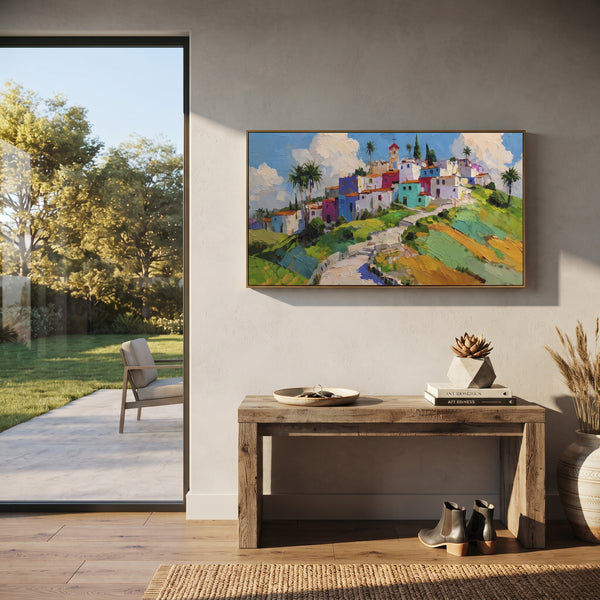 "Mediterranean Boat Harbor Painting" - Modern Heavy Impasto Coastal Landscape | Blue & Orange Palette Knife Painting | Luxury Horizontal Wall Art #PT 1573