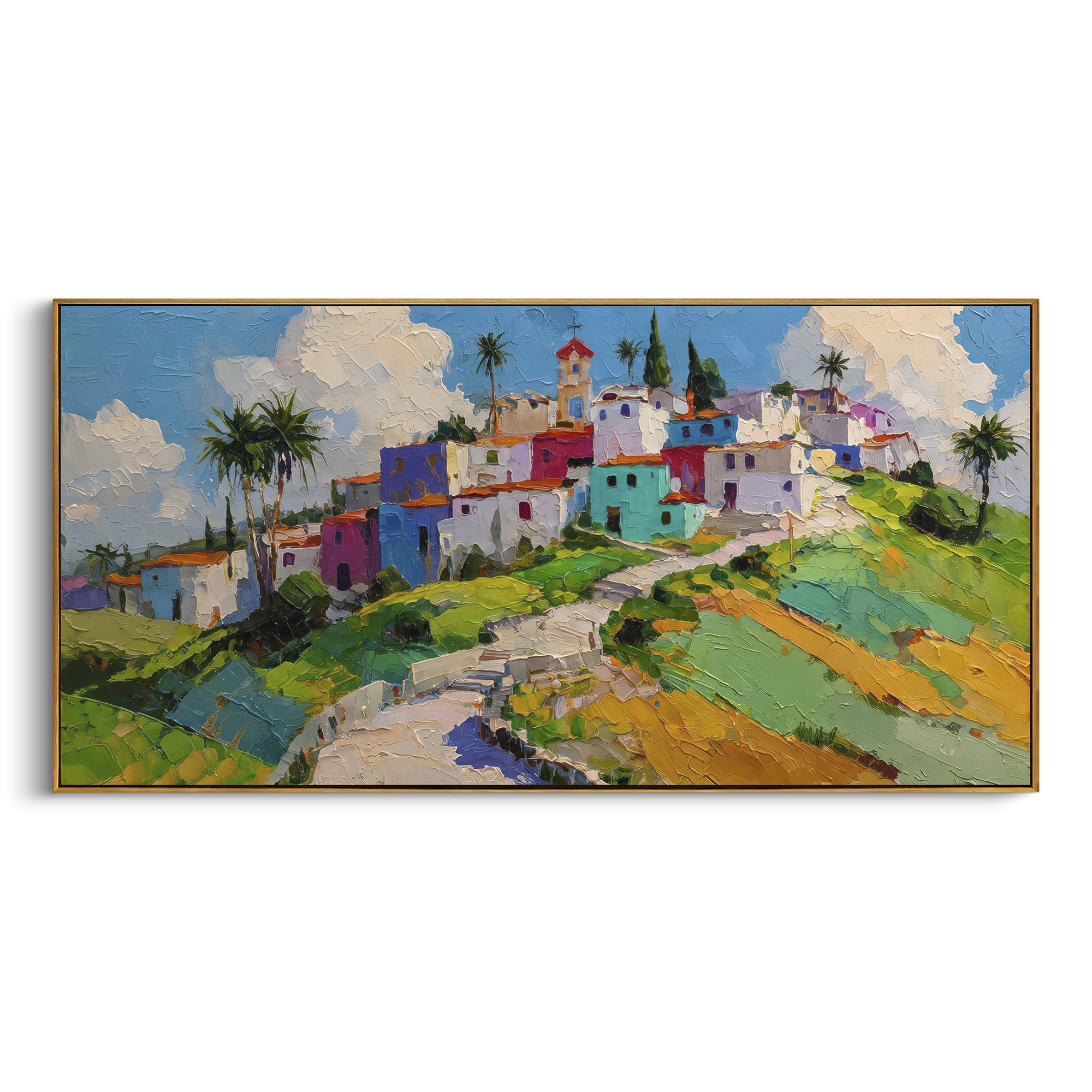 "Harbor Village Reflections PT 1573" focuses on atmosphere, surface movement, and sculptural heavy impasto craftsmanship rather than a fixed literal storyline. The composition uses this hand-painted Mediterranean canvas features colorful waterfront houses, moored boats, shimmering blue harbor reflections, pastel sky, built with raised palette-knife texture, layered brushwork, and luminous coastal color as the visual anchor, while layered palette-knife paint, raised plaster-like texture, and