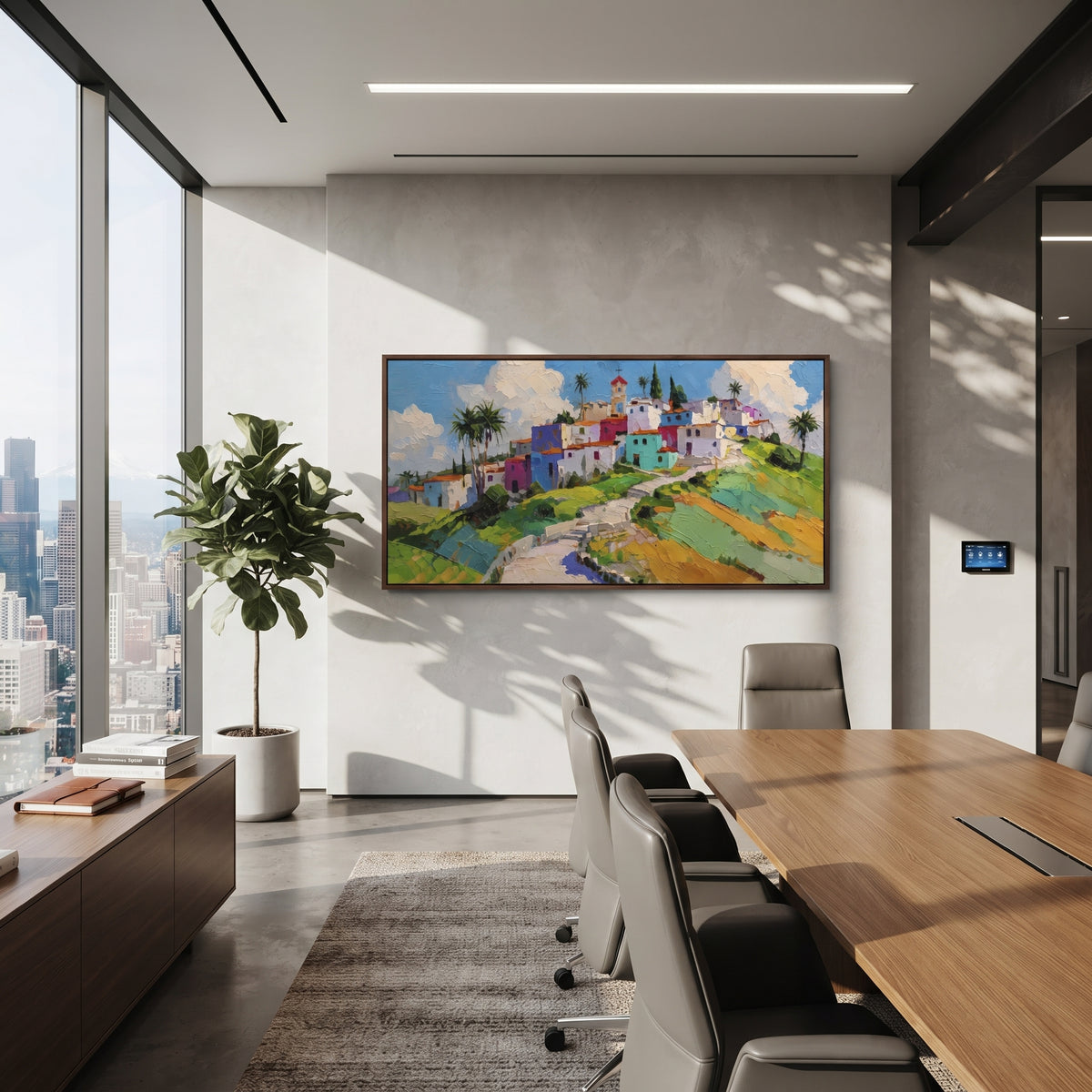 "Harbor Village Reflections PT 1573" focuses on atmosphere, surface movement, and sculptural heavy impasto craftsmanship rather than a fixed literal storyline. The composition uses this hand-painted Mediterranean canvas features colorful waterfront houses, moored boats, shimmering blue harbor reflections, pastel sky, built with raised palette-knife texture, layered brushwork, and luminous coastal color as the visual anchor, while layered palette-knife paint, raised plaster-like texture, and