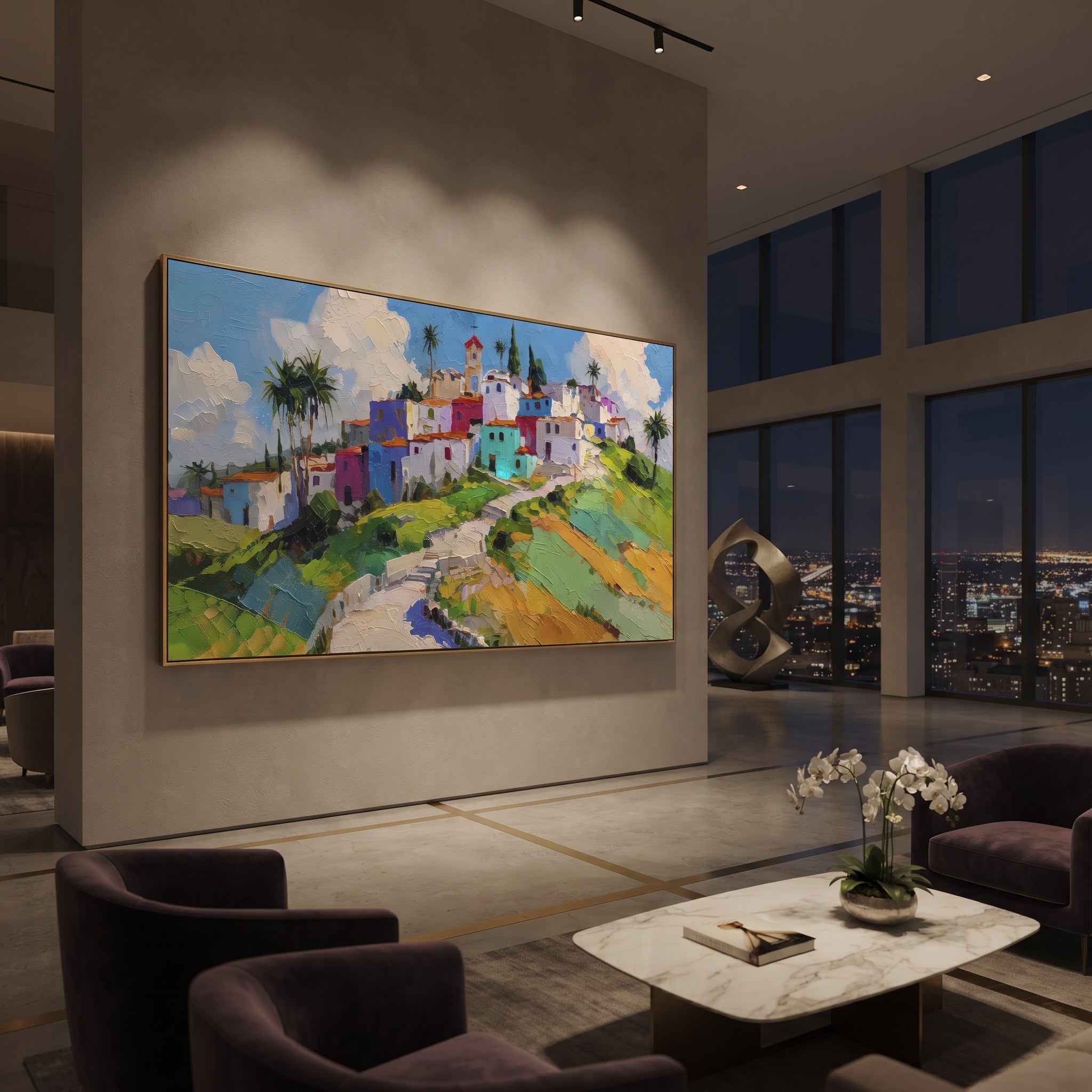 "Harbor Village Reflections PT 1573" focuses on atmosphere, surface movement, and sculptural heavy impasto craftsmanship rather than a fixed literal storyline. The composition uses this hand-painted Mediterranean canvas features colorful waterfront houses, moored boats, shimmering blue harbor reflections, pastel sky, built with raised palette-knife texture, layered brushwork, and luminous coastal color as the visual anchor, while layered palette-knife paint, raised plaster-like texture, and