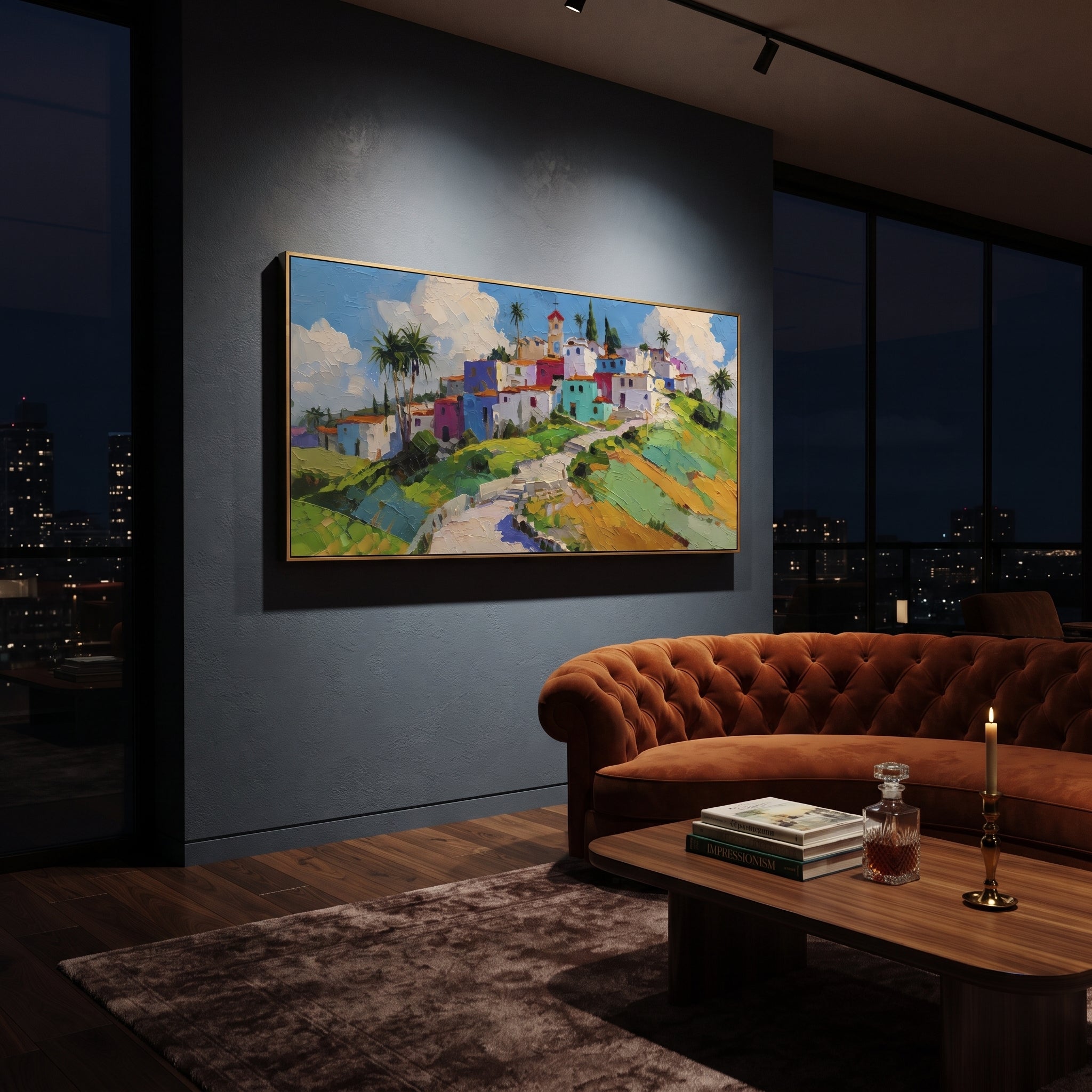 "Harbor Village Reflections PT 1573" focuses on atmosphere, surface movement, and sculptural heavy impasto craftsmanship rather than a fixed literal storyline. The composition uses this hand-painted Mediterranean canvas features colorful waterfront houses, moored boats, shimmering blue harbor reflections, pastel sky, built with raised palette-knife texture, layered brushwork, and luminous coastal color as the visual anchor, while layered palette-knife paint, raised plaster-like texture, and