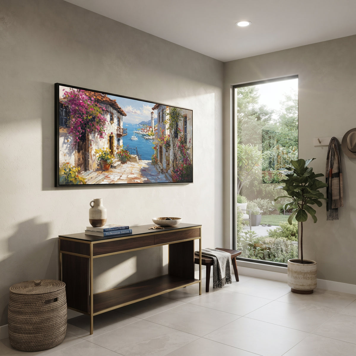 "Harbor Village Reflections PT 1574" focuses on atmosphere, surface movement, and sculptural heavy impasto craftsmanship rather than a fixed literal storyline. The composition uses this hand-painted Mediterranean canvas features colorful waterfront houses, moored boats, shimmering blue harbor reflections, pastel sky, built with raised palette-knife texture, layered brushwork, and luminous coastal color as the visual anchor, while layered palette-knife paint, raised plaster-like texture, and
