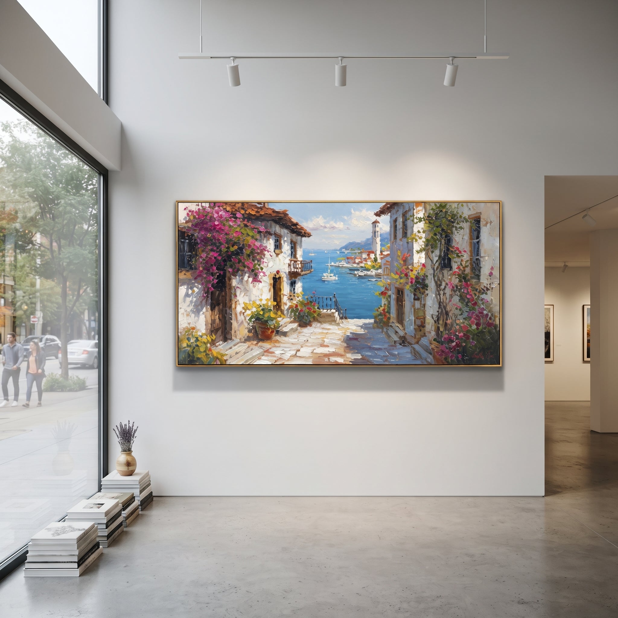 "Harbor Village Reflections PT 1574" focuses on atmosphere, surface movement, and sculptural heavy impasto craftsmanship rather than a fixed literal storyline. The composition uses this hand-painted Mediterranean canvas features colorful waterfront houses, moored boats, shimmering blue harbor reflections, pastel sky, built with raised palette-knife texture, layered brushwork, and luminous coastal color as the visual anchor, while layered palette-knife paint, raised plaster-like texture, and