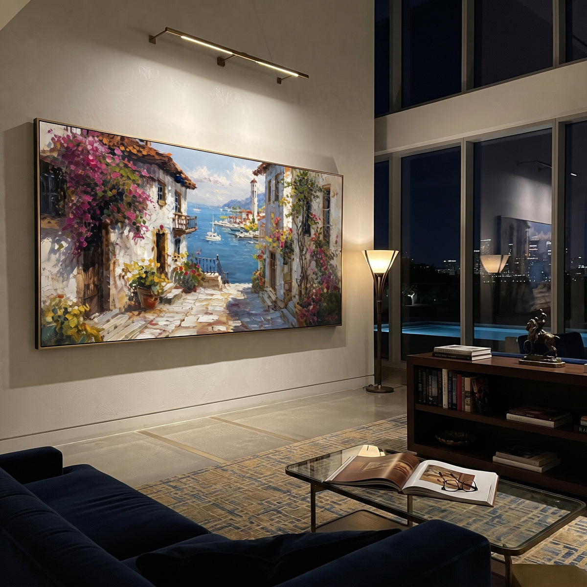 "Harbor Village Reflections PT 1574" focuses on atmosphere, surface movement, and sculptural heavy impasto craftsmanship rather than a fixed literal storyline. The composition uses this hand-painted Mediterranean canvas features colorful waterfront houses, moored boats, shimmering blue harbor reflections, pastel sky, built with raised palette-knife texture, layered brushwork, and luminous coastal color as the visual anchor, while layered palette-knife paint, raised plaster-like texture, and