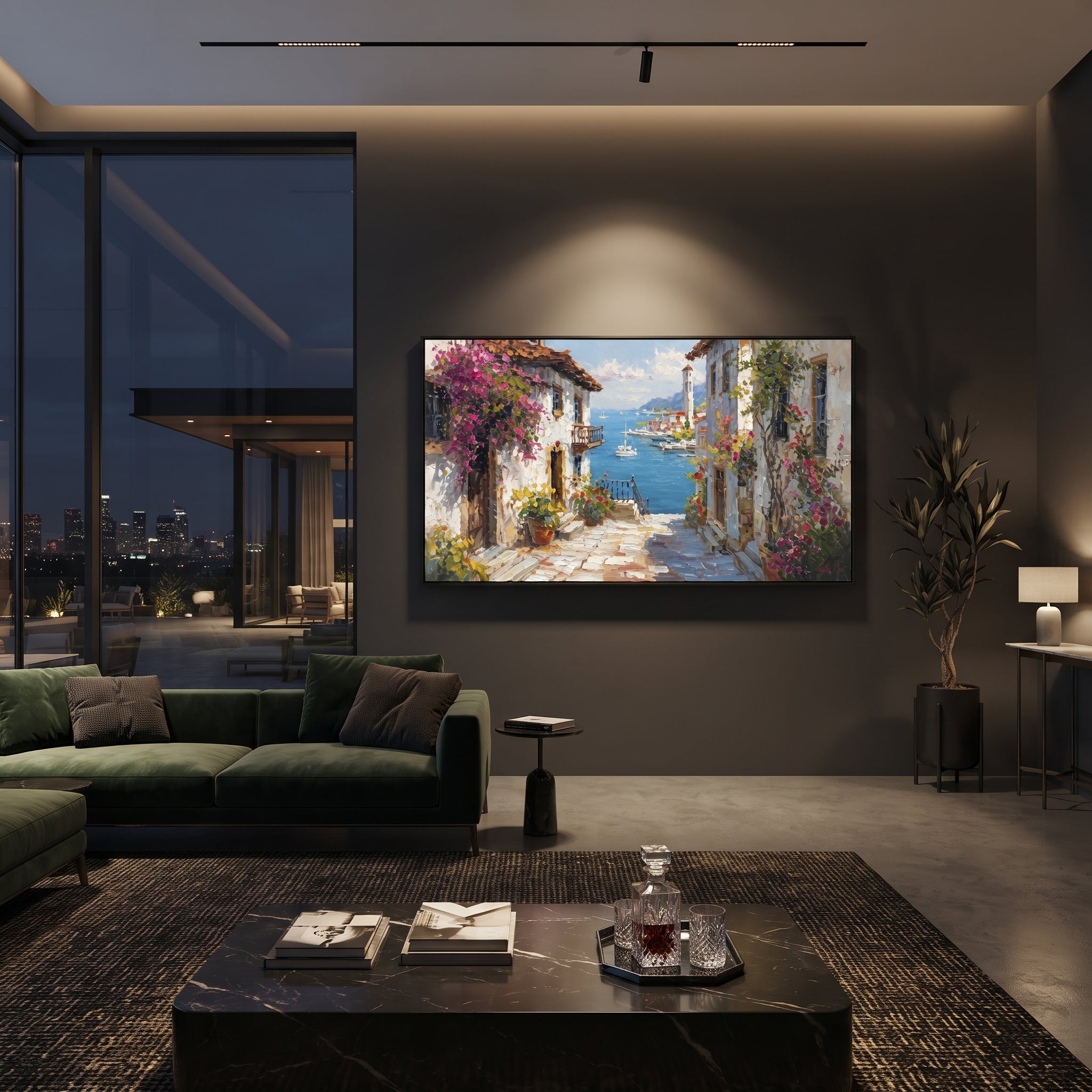 "Harbor Village Reflections PT 1574" focuses on atmosphere, surface movement, and sculptural heavy impasto craftsmanship rather than a fixed literal storyline. The composition uses this hand-painted Mediterranean canvas features colorful waterfront houses, moored boats, shimmering blue harbor reflections, pastel sky, built with raised palette-knife texture, layered brushwork, and luminous coastal color as the visual anchor, while layered palette-knife paint, raised plaster-like texture, and