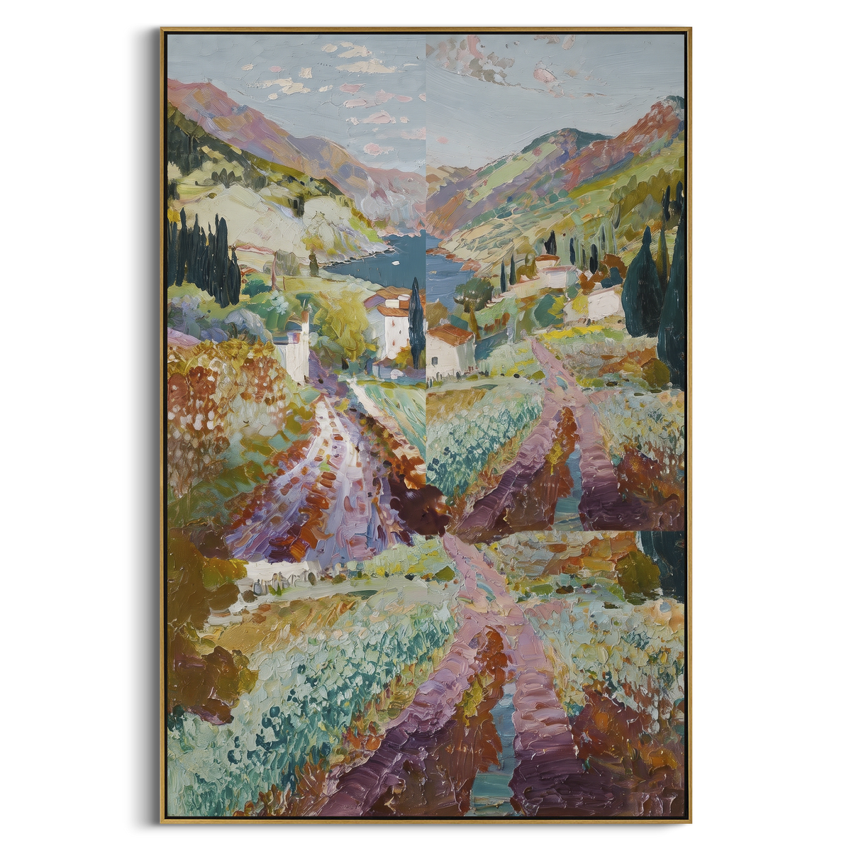 "Mountain Bay Village PT 1575" focuses on atmosphere, surface movement, and sculptural heavy impasto craftsmanship rather than a fixed literal storyline. The composition uses this hand-painted Mediterranean canvas features coastal mountains, small village rooftops, winding shore, blue bay and garden accents, built with raised palette-knife texture, layered brushwork, and luminous coastal color as the visual anchor, while layered palette-knife paint, raised plaster-like texture, and softened
