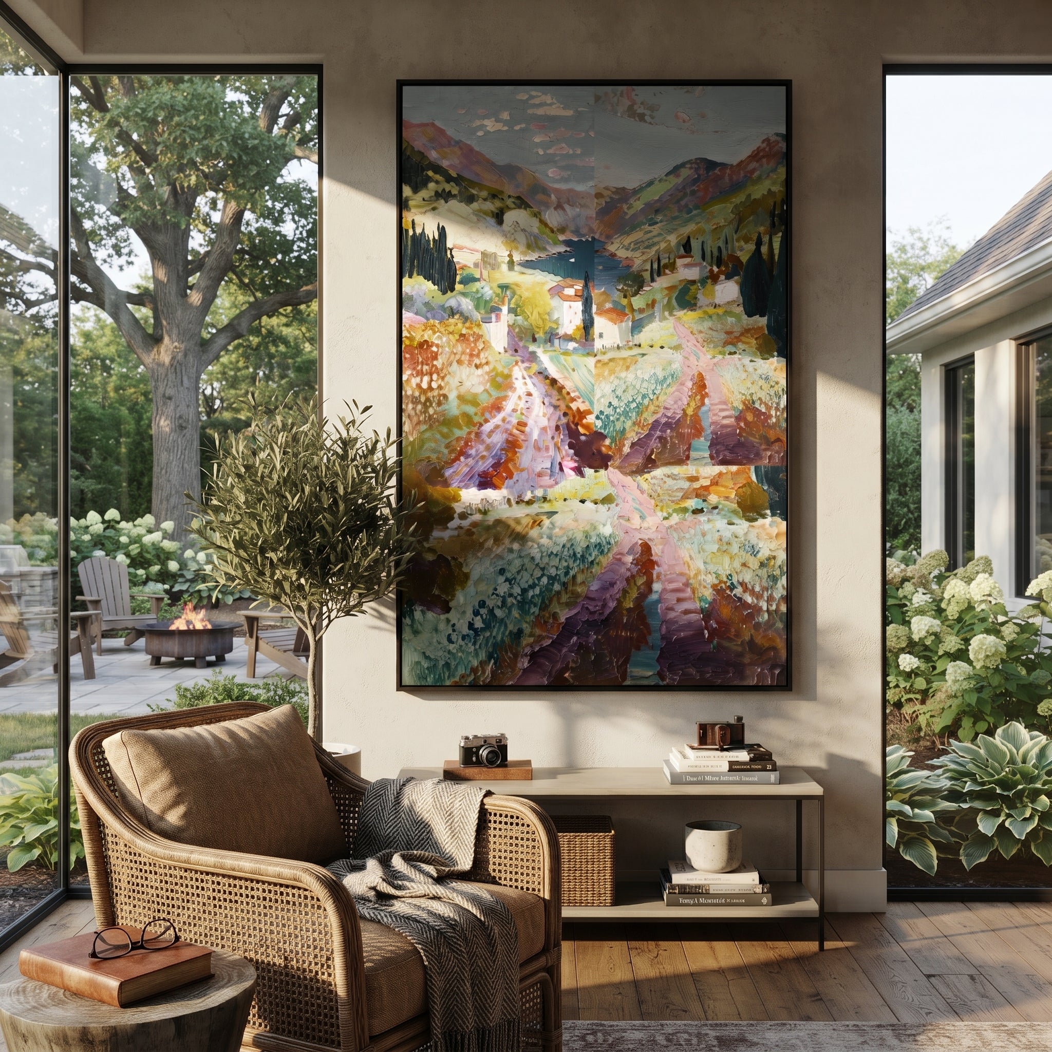 "Mountain Bay Village PT 1575" focuses on atmosphere, surface movement, and sculptural heavy impasto craftsmanship rather than a fixed literal storyline. The composition uses this hand-painted Mediterranean canvas features coastal mountains, small village rooftops, winding shore, blue bay and garden accents, built with raised palette-knife texture, layered brushwork, and luminous coastal color as the visual anchor, while layered palette-knife paint, raised plaster-like texture, and softened