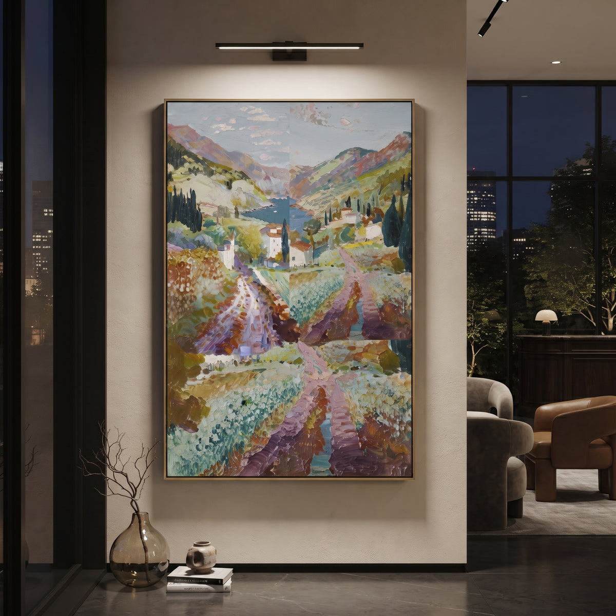 "Mountain Bay Village PT 1575" focuses on atmosphere, surface movement, and sculptural heavy impasto craftsmanship rather than a fixed literal storyline. The composition uses this hand-painted Mediterranean canvas features coastal mountains, small village rooftops, winding shore, blue bay and garden accents, built with raised palette-knife texture, layered brushwork, and luminous coastal color as the visual anchor, while layered palette-knife paint, raised plaster-like texture, and softened