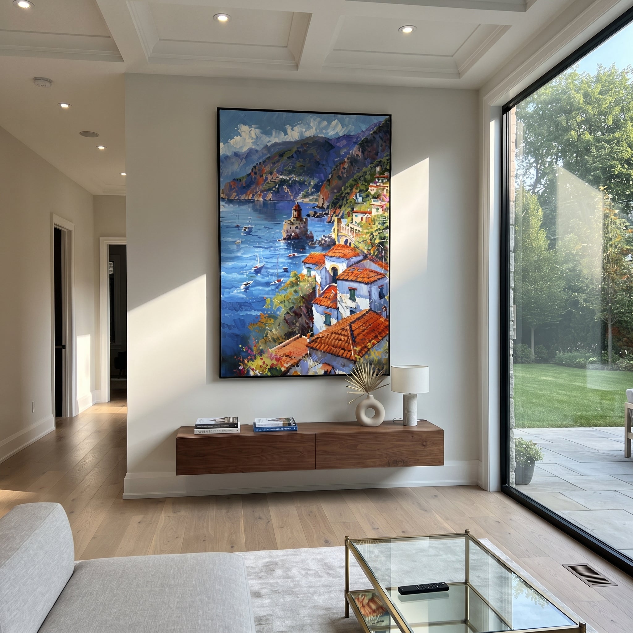 "Bougainvillea Sea Lane PT 1576" focuses on atmosphere, surface movement, and sculptural heavy impasto craftsmanship rather than a fixed literal storyline. The composition uses this hand-painted Mediterranean canvas features whitewashed stone lane, cascading pink bougainvillea, blue sea opening, sunlit village walls, built with raised palette-knife texture, layered brushwork, and luminous coastal color as the visual anchor, while layered palette-knife paint, raised plaster-like texture, and