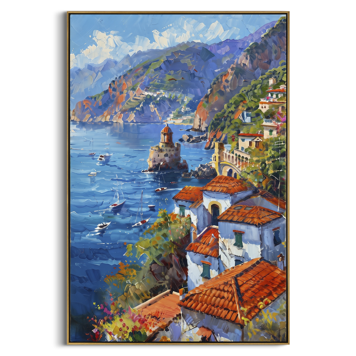 "Bougainvillea Sea Path Painting" - Modern Heavy Impasto Coastal Landscape | White & Blue Palette Knife Painting | Luxury Vertical Wall Art #PT 1576