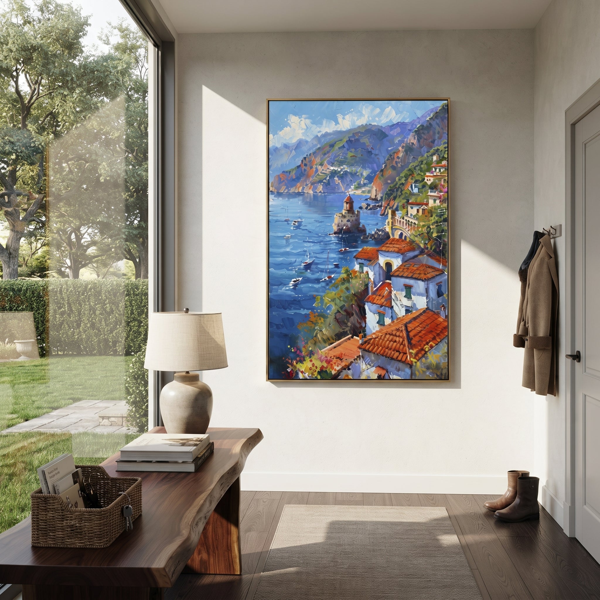 "Bougainvillea Sea Lane PT 1576" focuses on atmosphere, surface movement, and sculptural heavy impasto craftsmanship rather than a fixed literal storyline. The composition uses this hand-painted Mediterranean canvas features whitewashed stone lane, cascading pink bougainvillea, blue sea opening, sunlit village walls, built with raised palette-knife texture, layered brushwork, and luminous coastal color as the visual anchor, while layered palette-knife paint, raised plaster-like texture, and