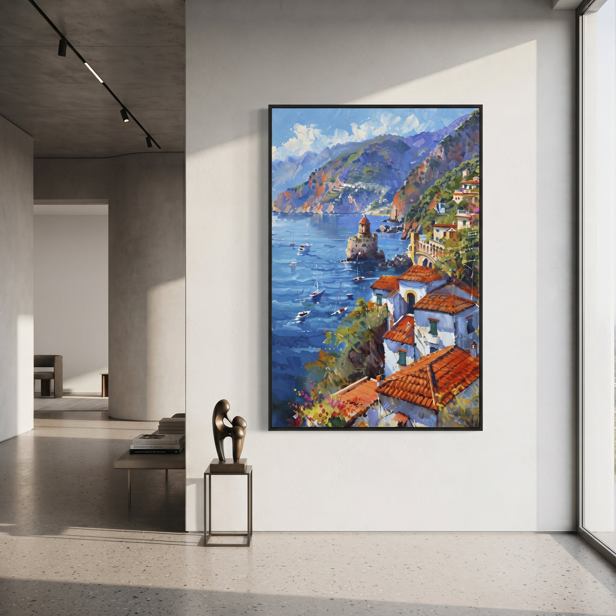 "Bougainvillea Sea Lane PT 1576" focuses on atmosphere, surface movement, and sculptural heavy impasto craftsmanship rather than a fixed literal storyline. The composition uses this hand-painted Mediterranean canvas features whitewashed stone lane, cascading pink bougainvillea, blue sea opening, sunlit village walls, built with raised palette-knife texture, layered brushwork, and luminous coastal color as the visual anchor, while layered palette-knife paint, raised plaster-like texture, and
