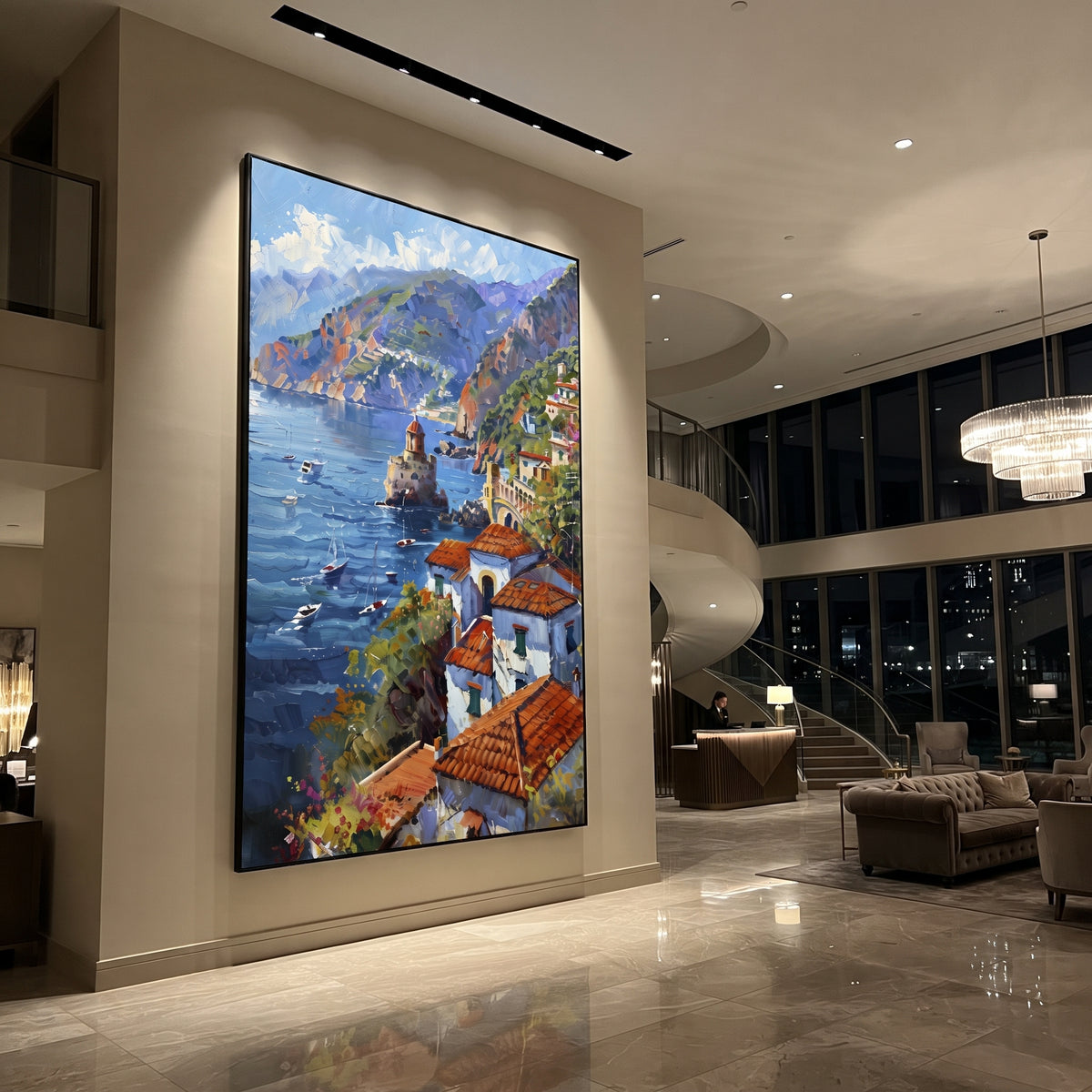 "Bougainvillea Sea Lane PT 1576" focuses on atmosphere, surface movement, and sculptural heavy impasto craftsmanship rather than a fixed literal storyline. The composition uses this hand-painted Mediterranean canvas features whitewashed stone lane, cascading pink bougainvillea, blue sea opening, sunlit village walls, built with raised palette-knife texture, layered brushwork, and luminous coastal color as the visual anchor, while layered palette-knife paint, raised plaster-like texture, and
