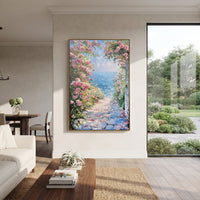 "Sailing Coast Garden PT 1577" focuses on atmosphere, surface movement, and sculptural heavy impasto craftsmanship rather than a fixed literal storyline. The composition uses this hand-painted Mediterranean canvas features sailboats on a blue bay, flowering terrace, coastal town and luminous summer sky, built with raised palette-knife texture, layered brushwork, and luminous coastal color as the visual anchor, while layered palette-knife paint, raised plaster-like texture, and softened brush