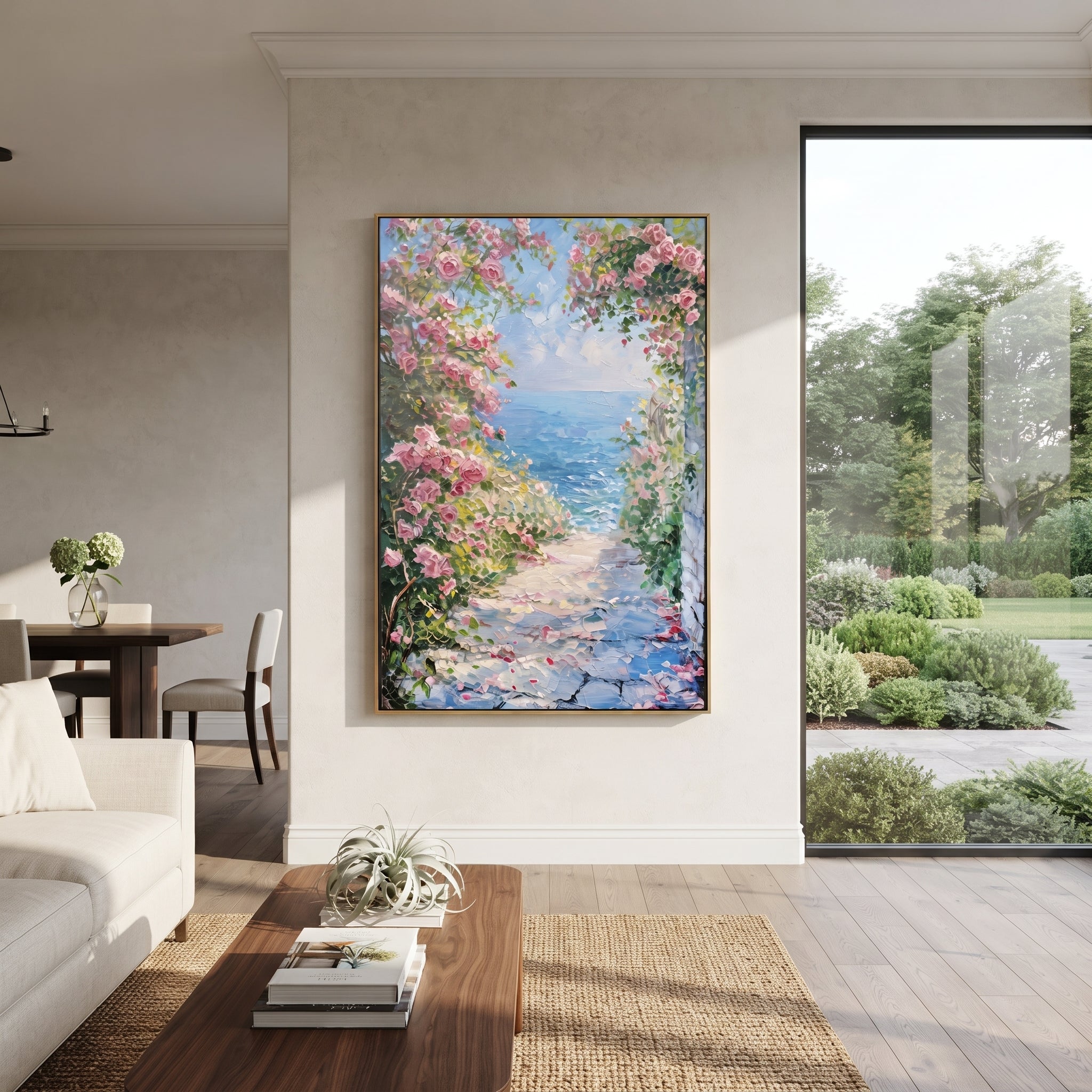 "Sailing Coast Garden PT 1577" focuses on atmosphere, surface movement, and sculptural heavy impasto craftsmanship rather than a fixed literal storyline. The composition uses this hand-painted Mediterranean canvas features sailboats on a blue bay, flowering terrace, coastal town and luminous summer sky, built with raised palette-knife texture, layered brushwork, and luminous coastal color as the visual anchor, while layered palette-knife paint, raised plaster-like texture, and softened brush