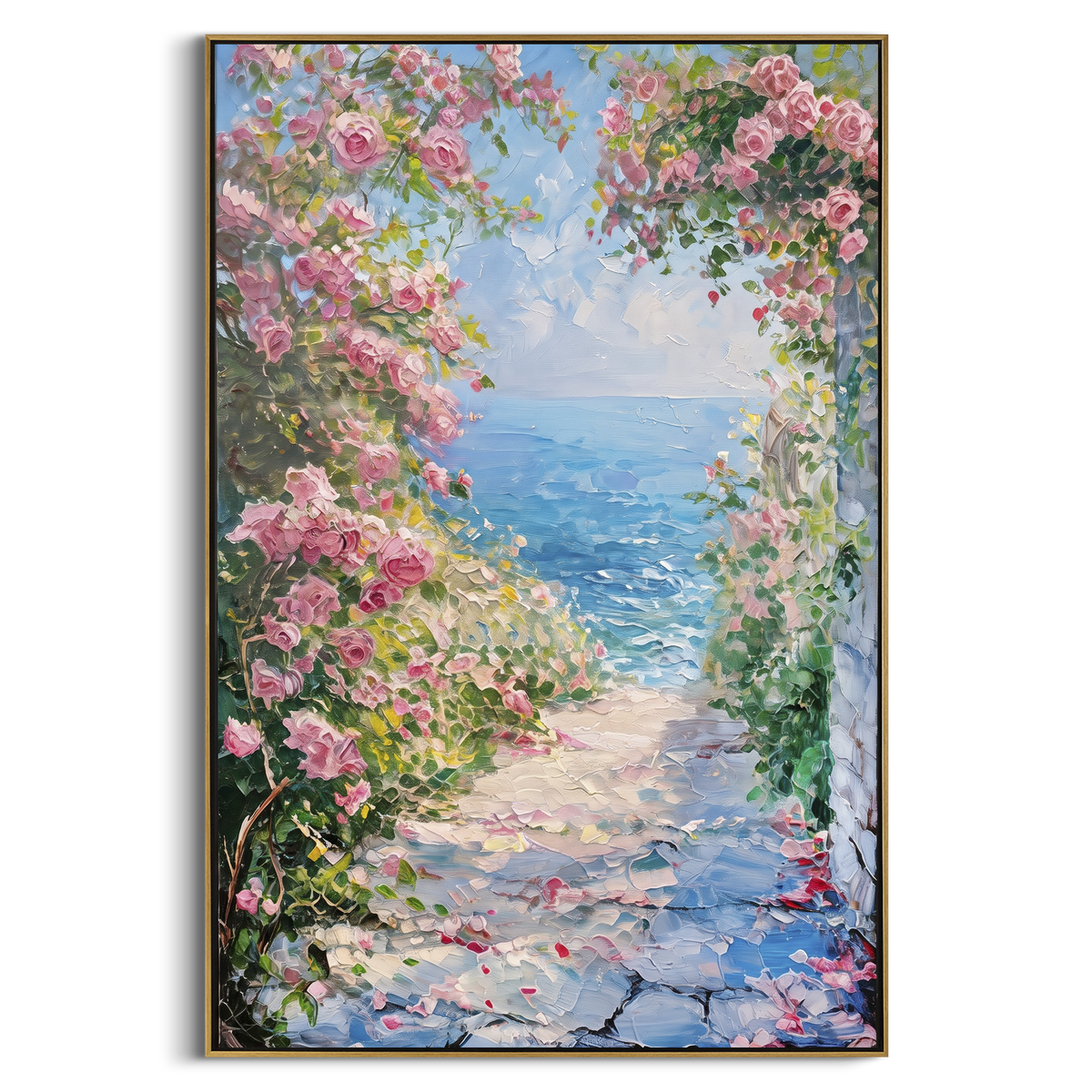 "Mediterranean Sailboat View Painting" - Modern Heavy Impasto Coastal Landscape | Blue & Pink Palette Knife Painting | Luxury Vertical Wall Art #PT 1577