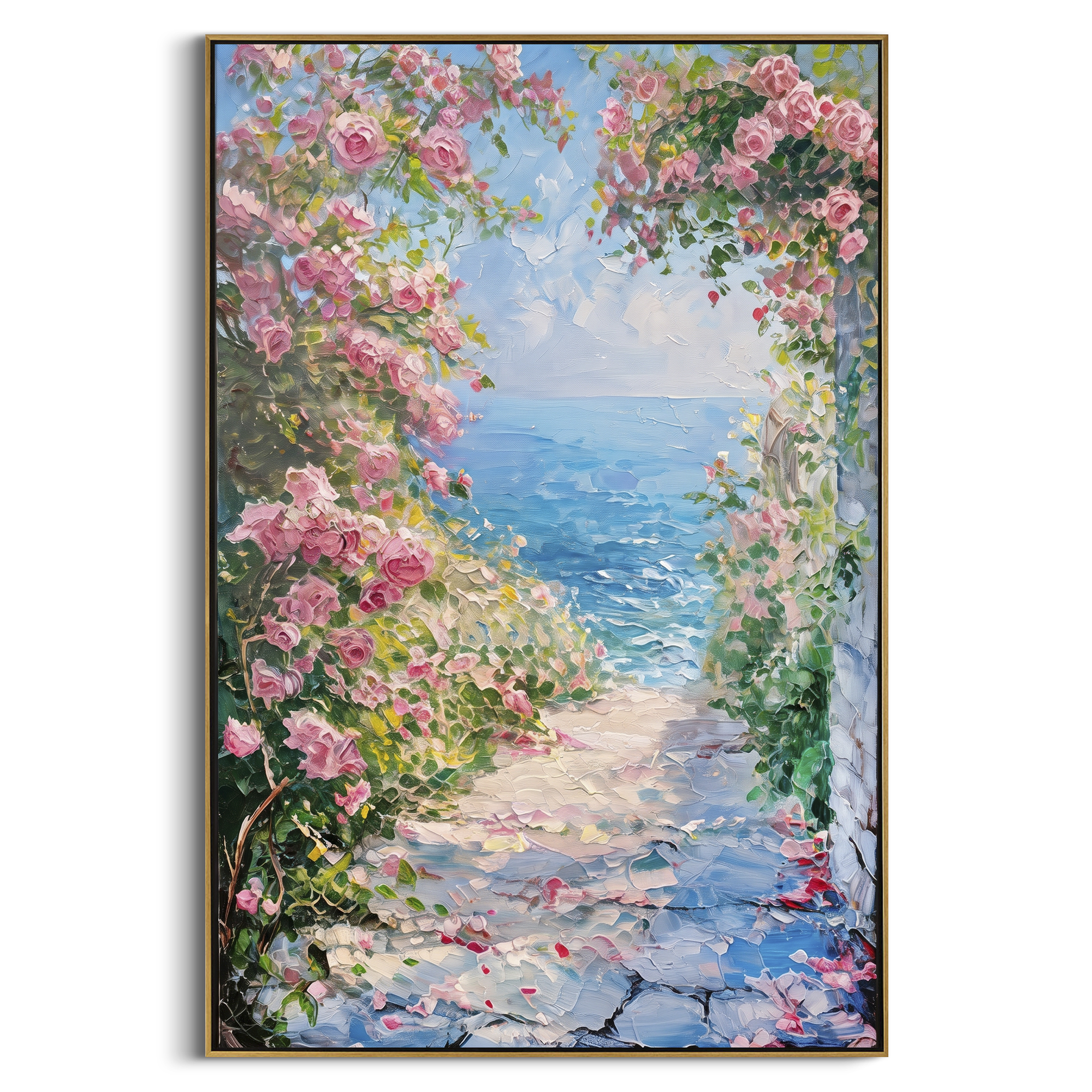 "Sailing Coast Garden PT 1577" focuses on atmosphere, surface movement, and sculptural heavy impasto craftsmanship rather than a fixed literal storyline. The composition uses this hand-painted Mediterranean canvas features sailboats on a blue bay, flowering terrace, coastal town and luminous summer sky, built with raised palette-knife texture, layered brushwork, and luminous coastal color as the visual anchor, while layered palette-knife paint, raised plaster-like texture, and softened brush