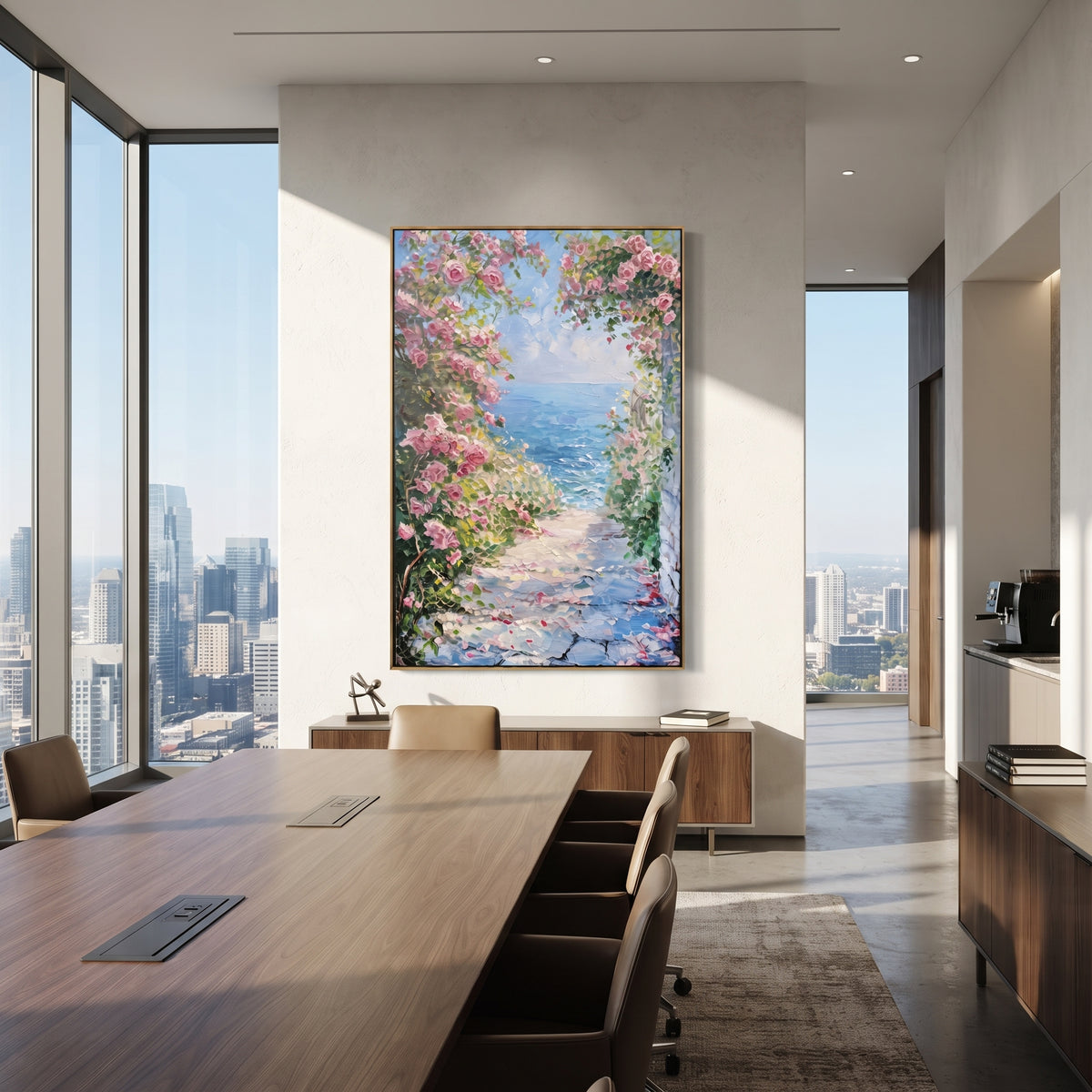 "Sailing Coast Garden PT 1577" focuses on atmosphere, surface movement, and sculptural heavy impasto craftsmanship rather than a fixed literal storyline. The composition uses this hand-painted Mediterranean canvas features sailboats on a blue bay, flowering terrace, coastal town and luminous summer sky, built with raised palette-knife texture, layered brushwork, and luminous coastal color as the visual anchor, while layered palette-knife paint, raised plaster-like texture, and softened brush