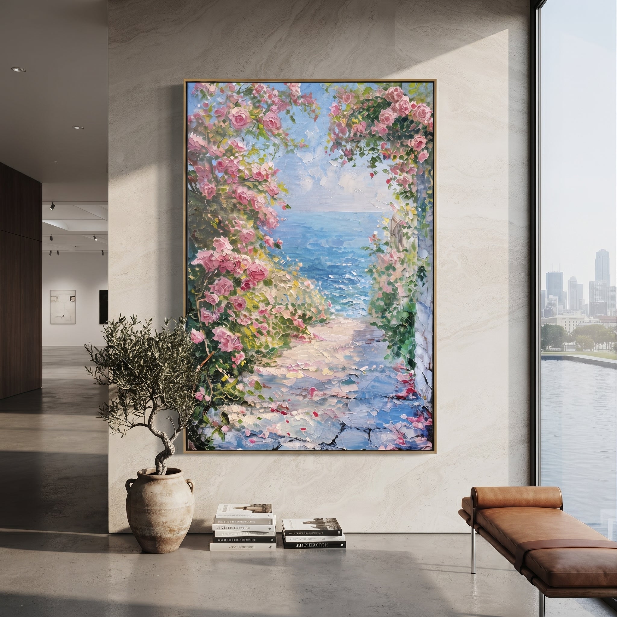 "Sailing Coast Garden PT 1577" focuses on atmosphere, surface movement, and sculptural heavy impasto craftsmanship rather than a fixed literal storyline. The composition uses this hand-painted Mediterranean canvas features sailboats on a blue bay, flowering terrace, coastal town and luminous summer sky, built with raised palette-knife texture, layered brushwork, and luminous coastal color as the visual anchor, while layered palette-knife paint, raised plaster-like texture, and softened brush