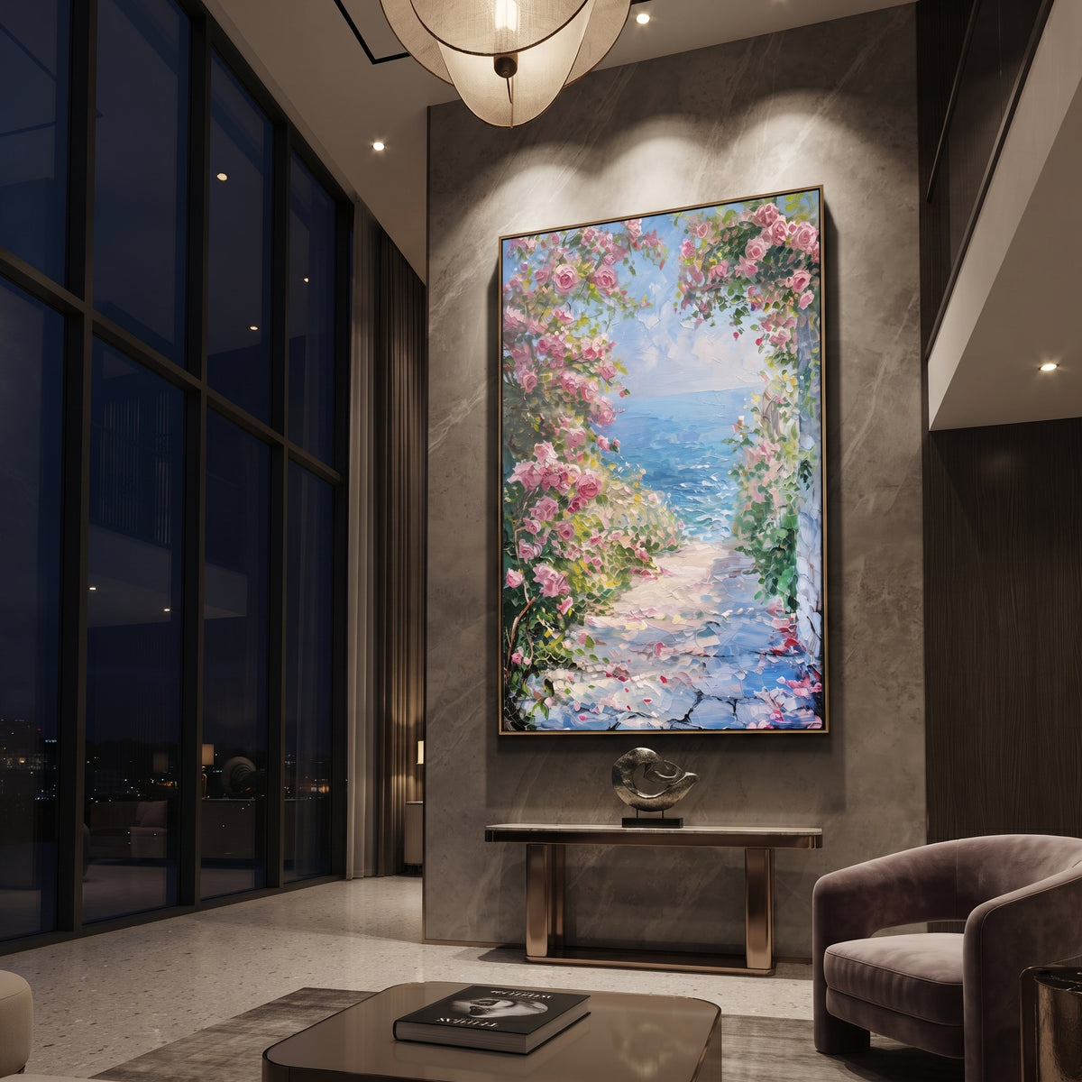 "Sailing Coast Garden PT 1577" focuses on atmosphere, surface movement, and sculptural heavy impasto craftsmanship rather than a fixed literal storyline. The composition uses this hand-painted Mediterranean canvas features sailboats on a blue bay, flowering terrace, coastal town and luminous summer sky, built with raised palette-knife texture, layered brushwork, and luminous coastal color as the visual anchor, while layered palette-knife paint, raised plaster-like texture, and softened brush